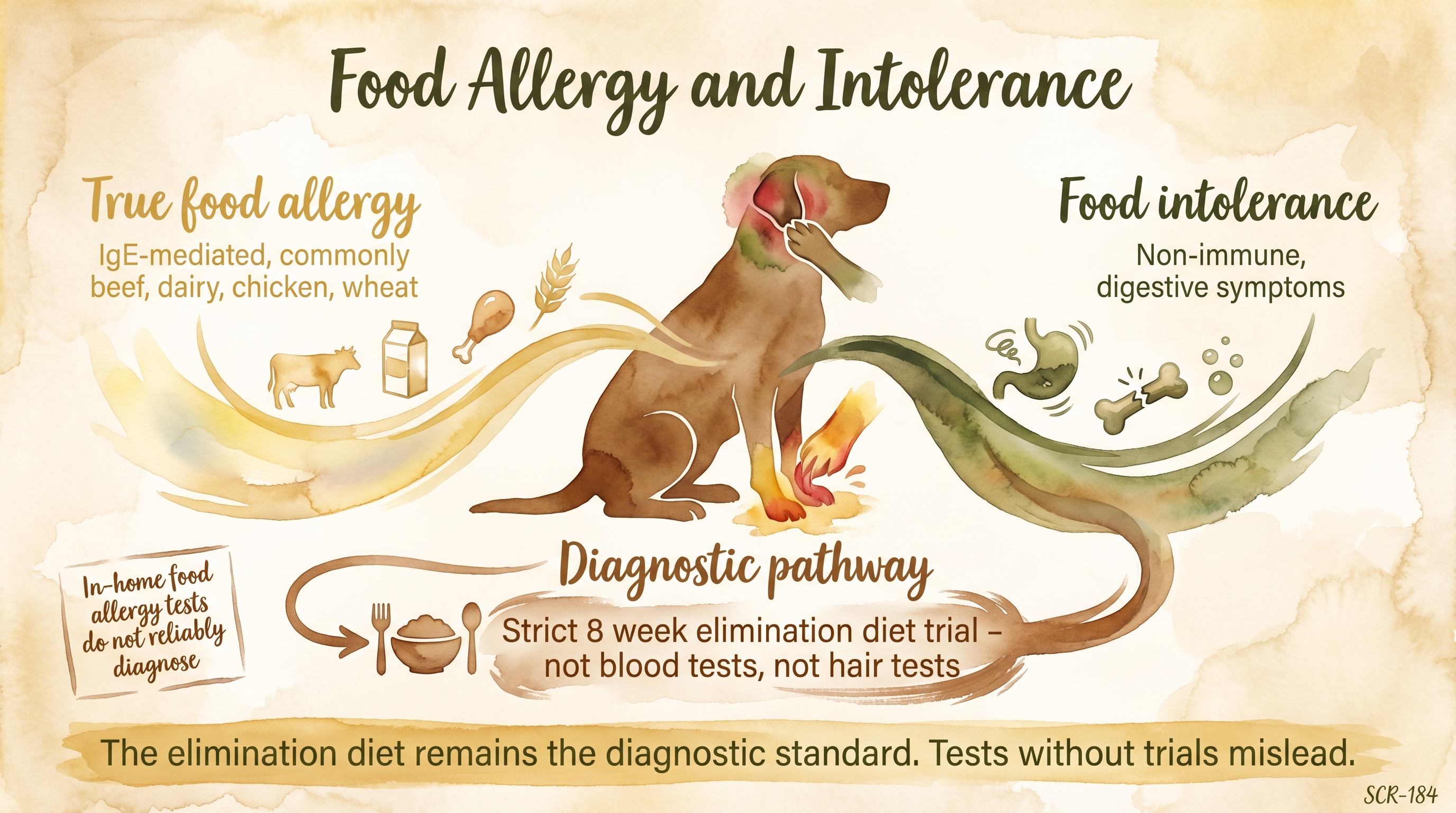 Infographic: Food allergy and intolerance showing two mechanisms converging on elimination diet as diagnostic standard - Just Behaving Wiki