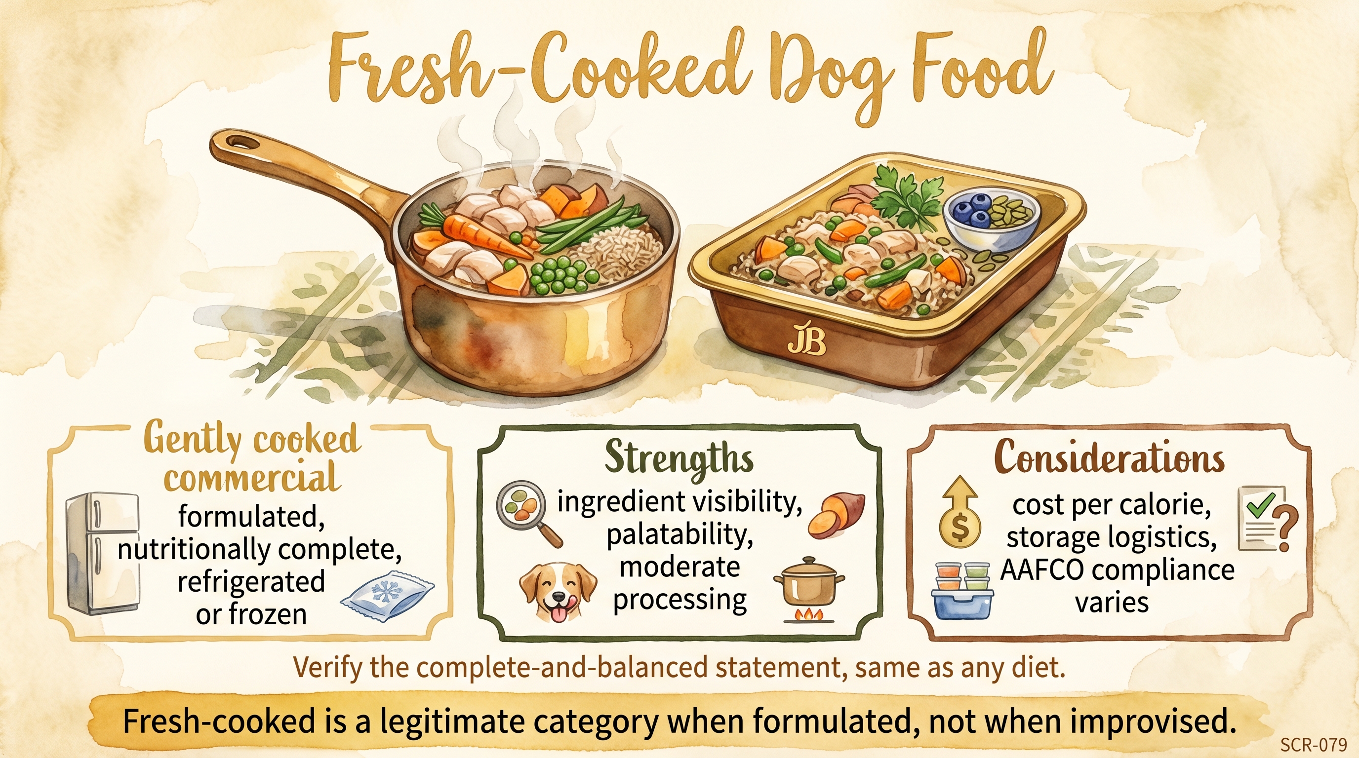 Infographic: Fresh-cooked dog food showing gently cooked commercial category with strengths and considerations - Just Behaving Wiki