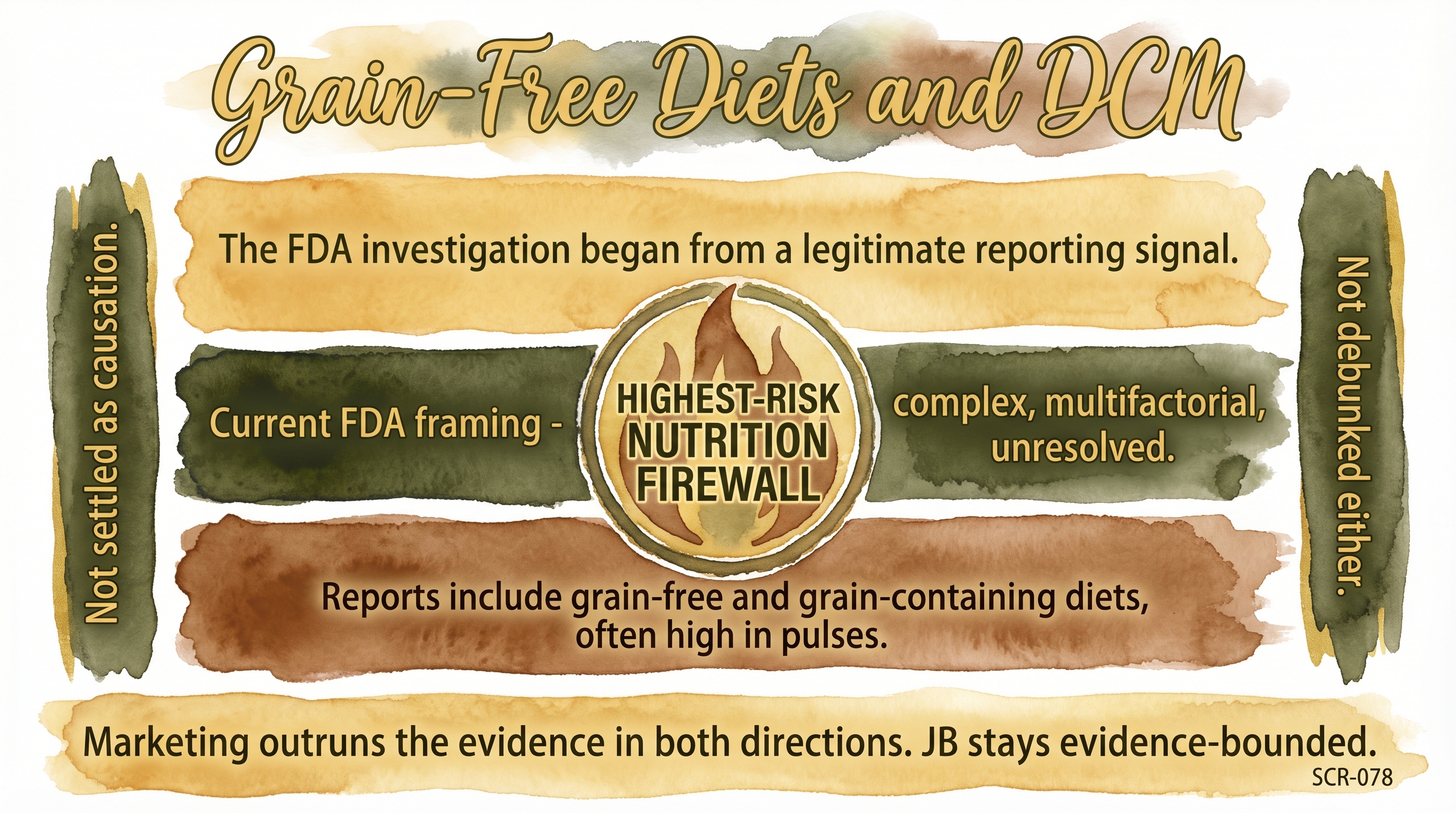 Infographic: Grain-free diets and DCM showing three honest positions within the nutrition firewall - Just Behaving Wiki