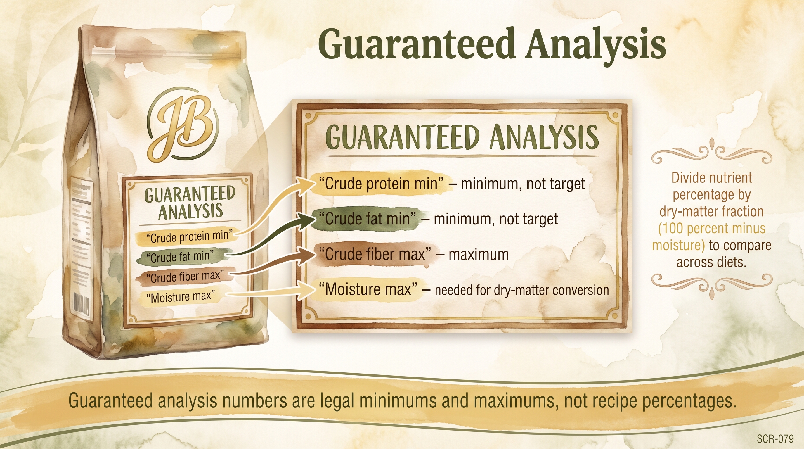 Infographic: Guaranteed analysis explained showing four label lines and dry-matter conversion formula - Just Behaving Wiki
