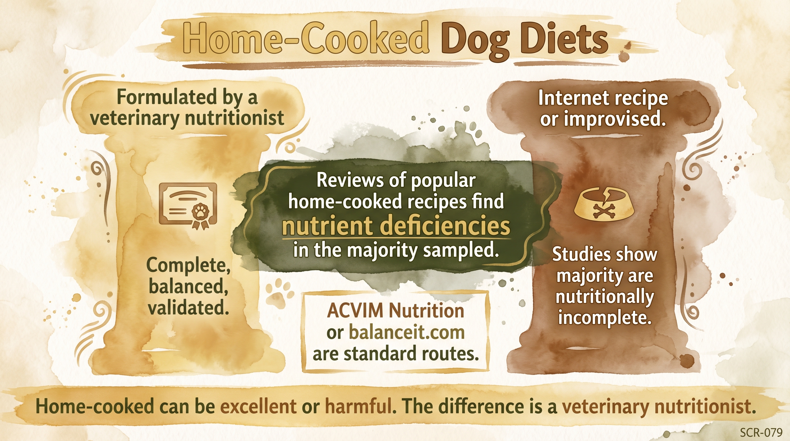 Infographic: Home-cooked dog diets contrasting nutritionist-formulated recipes with improvised internet recipes - Just Behaving Wiki