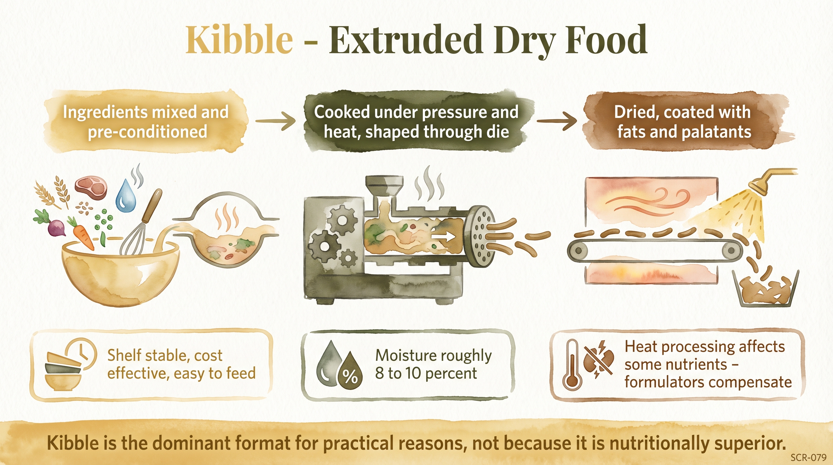 Infographic: Kibble extruded dry dog food showing three-stage extrusion process with practical trait callouts - Just Behaving Wiki
