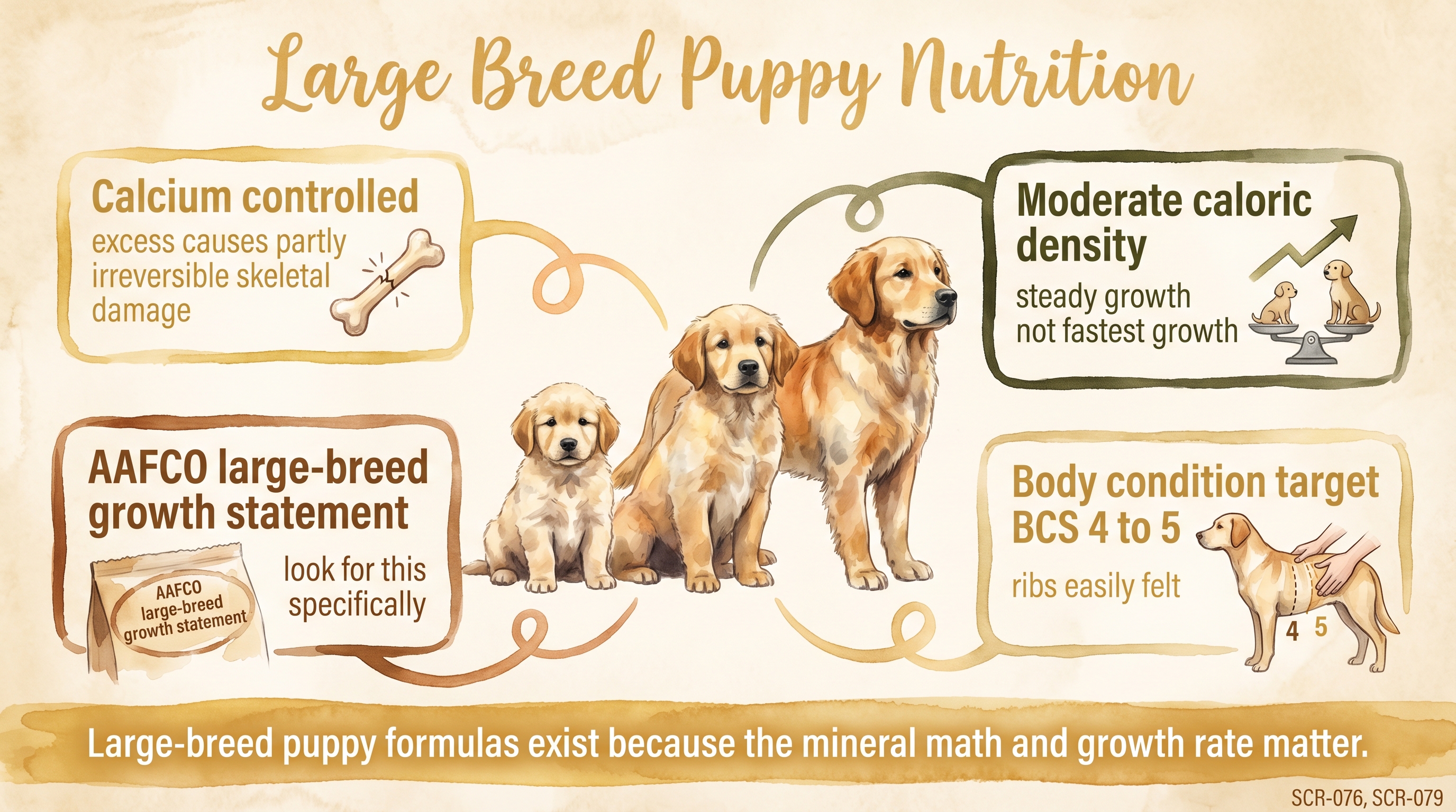 Infographic: Large breed puppy nutrition showing four specific requirements around a growing golden retriever - Just Behaving Wiki