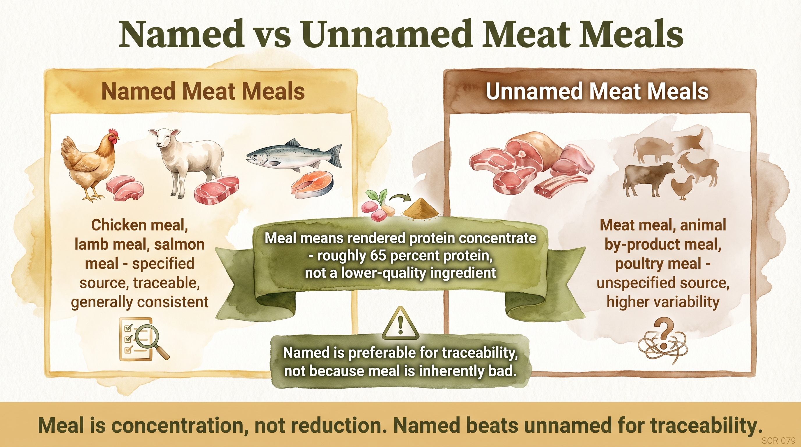 Infographic: Named versus unnamed meat meals comparing traceability and quality framing in pet food labels - Just Behaving Wiki