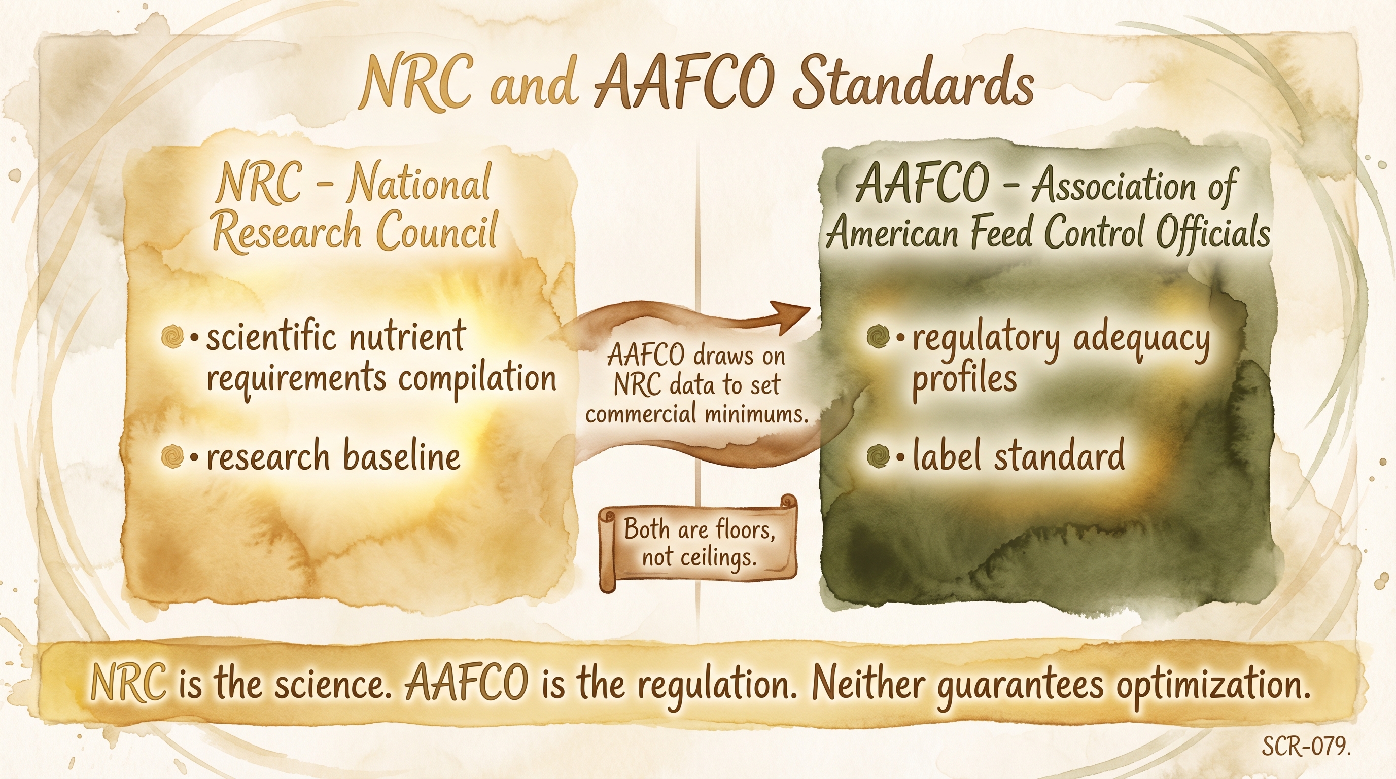 Infographic: NRC and AAFCO nutrient standards comparing scientific research baseline to regulatory adequacy standard - Just Behaving Wiki