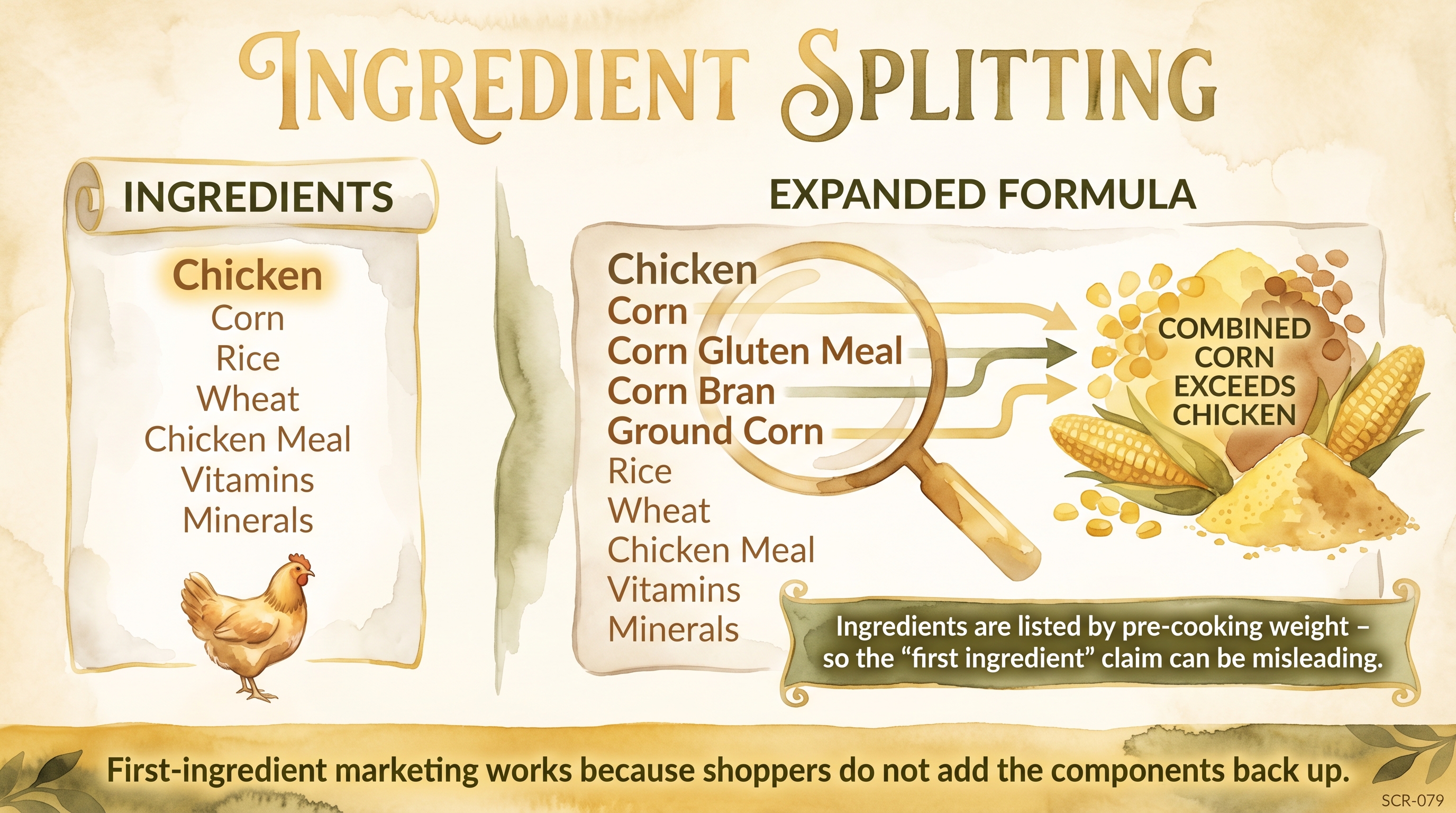 Infographic: Pet food ingredient splitting showing how corn fractions displace protein in pre-cooking weight order - Just Behaving Wiki
