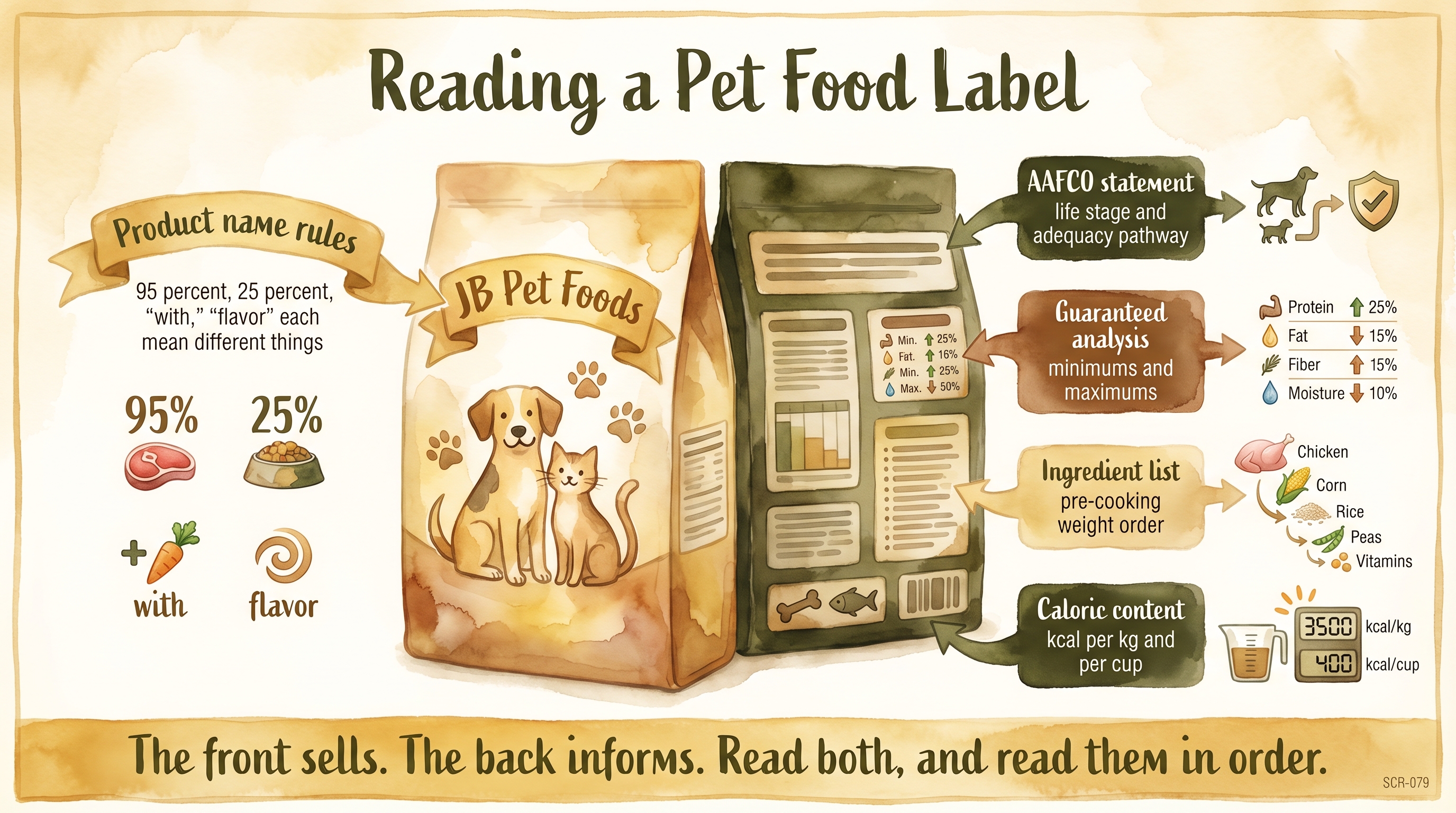 Infographic: Pet food label reading showing five annotated zones from product name through caloric content - Just Behaving Wiki