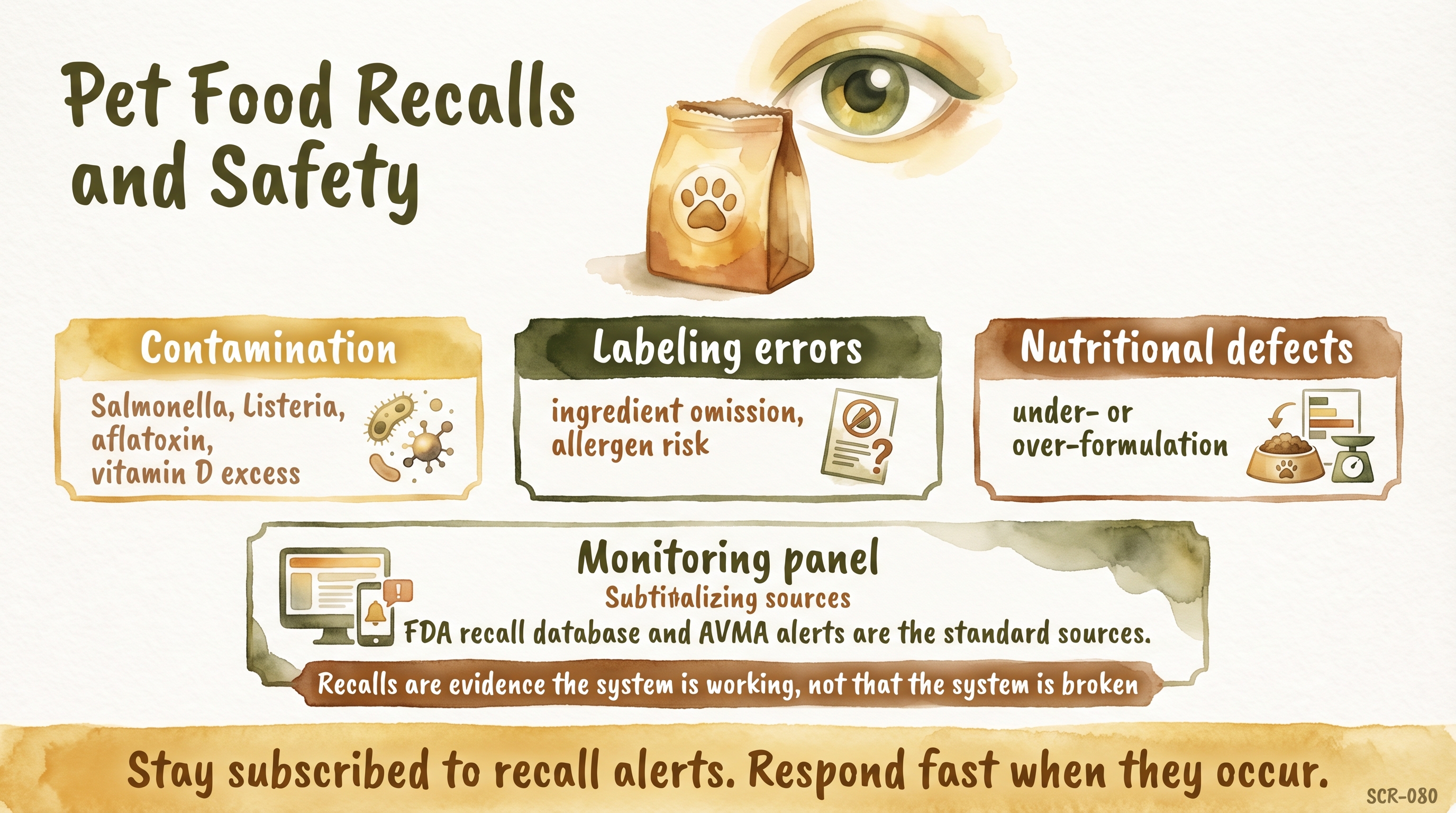 Infographic: Pet food recalls and safety showing three recall trigger categories with monitoring sources - Just Behaving Wiki