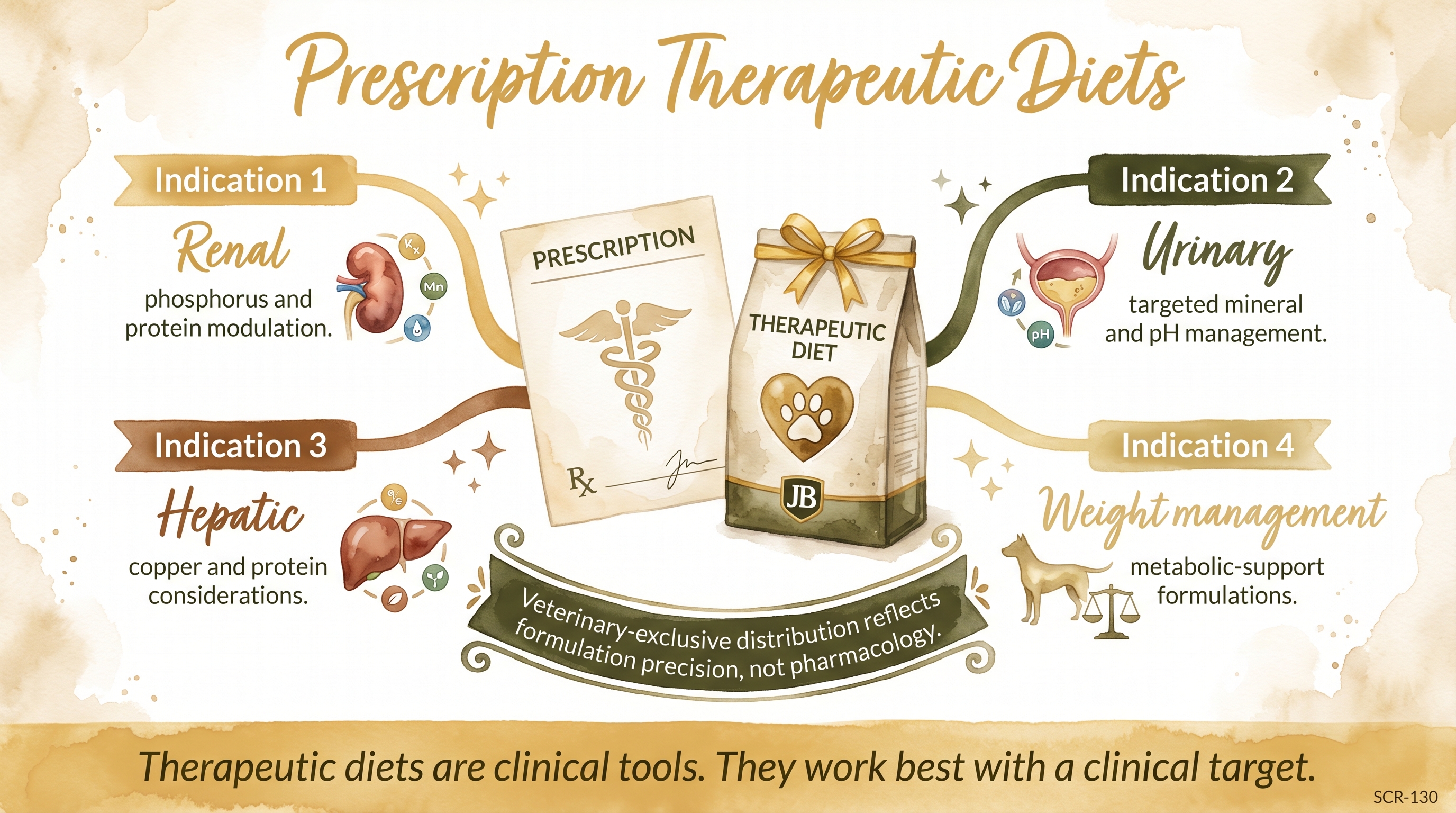 Infographic: Prescription therapeutic diets showing four example indications from renal through weight management - Just Behaving Wiki