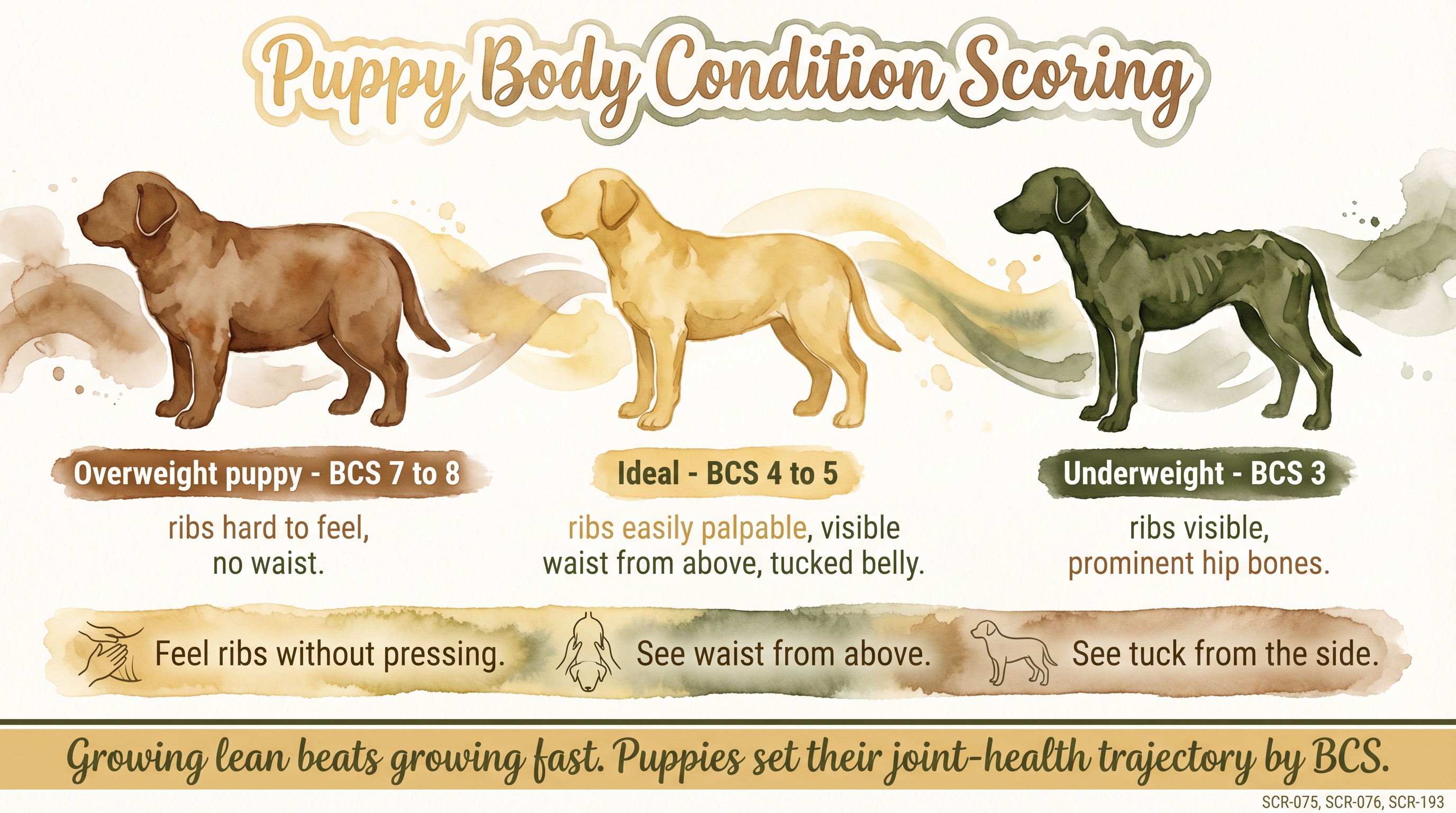 Infographic: Puppy body condition scoring showing three profile silhouettes from overweight through underweight - Just Behaving Wiki