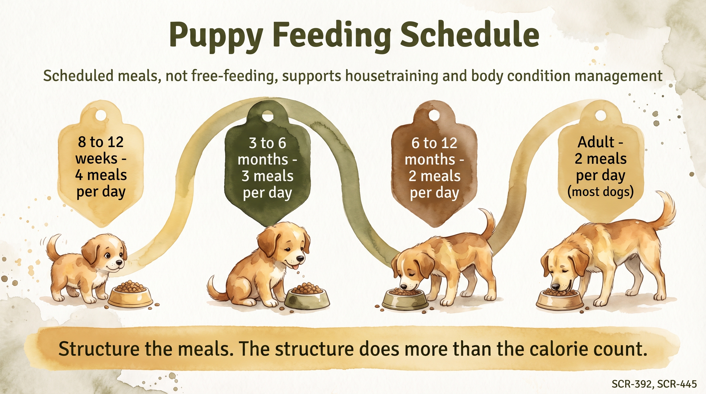 Infographic: Puppy feeding schedule showing four age-gated meal frequencies from 8 weeks through adulthood - Just Behaving Wiki