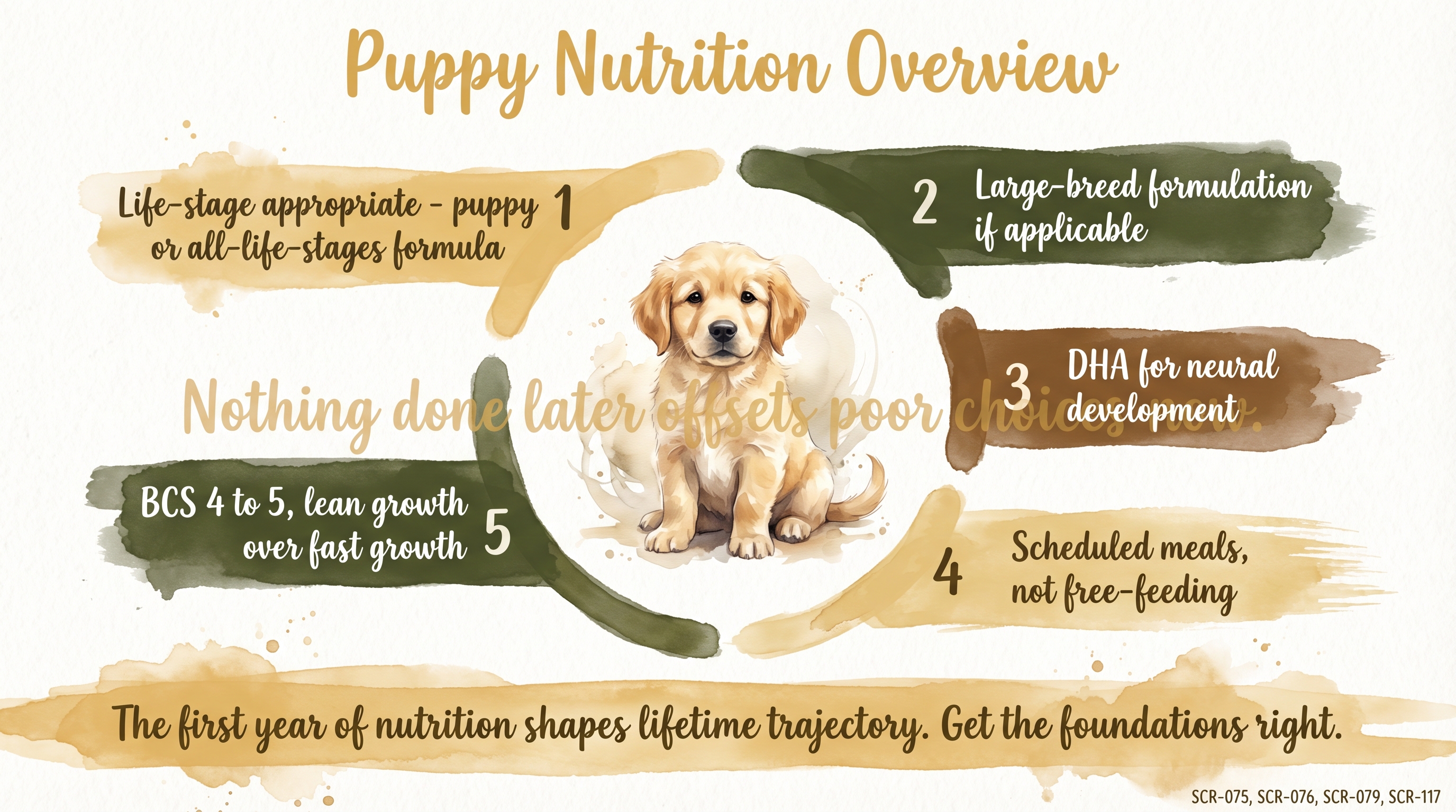Infographic: Puppy nutrition overview showing five-spoke wheel of foundational feeding decisions - Just Behaving Wiki