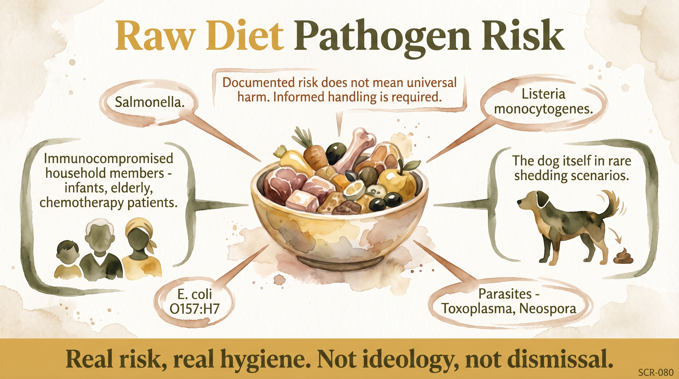 Infographic: Raw diet pathogen risk showing four documented contaminants and two vulnerable populations - Just Behaving Wiki