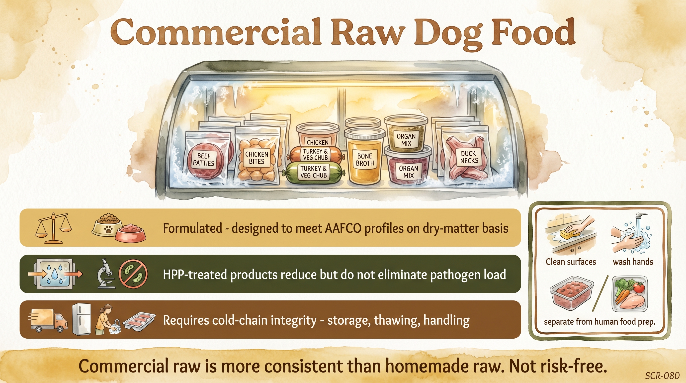 Infographic: Commercial raw dog food showing formulation HPP treatment and cold-chain handling requirements - Just Behaving Wiki