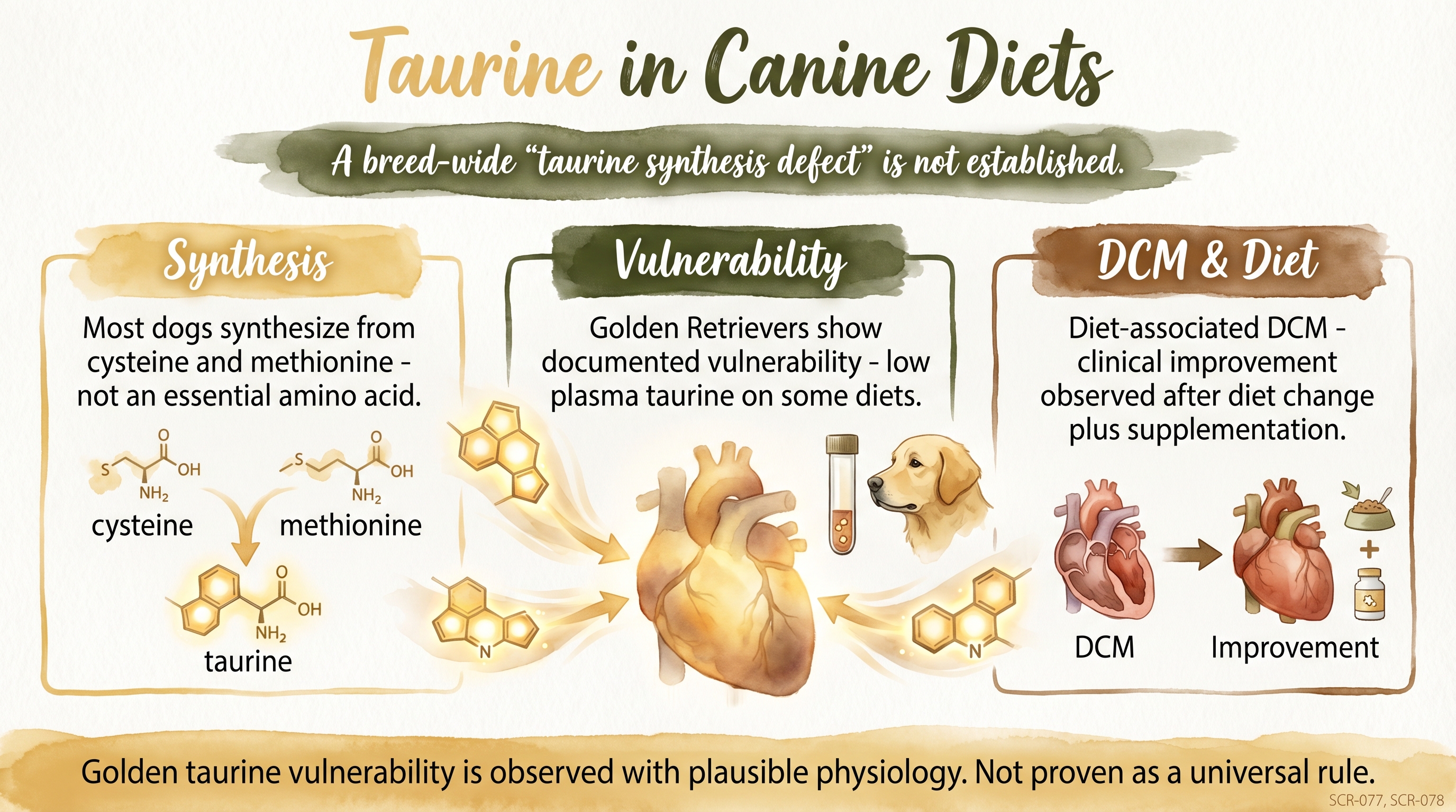 Infographic: Taurine in canine diets showing synthesis pathway Golden Retriever vulnerability and diet-associated DCM findings - Just Behaving Wiki