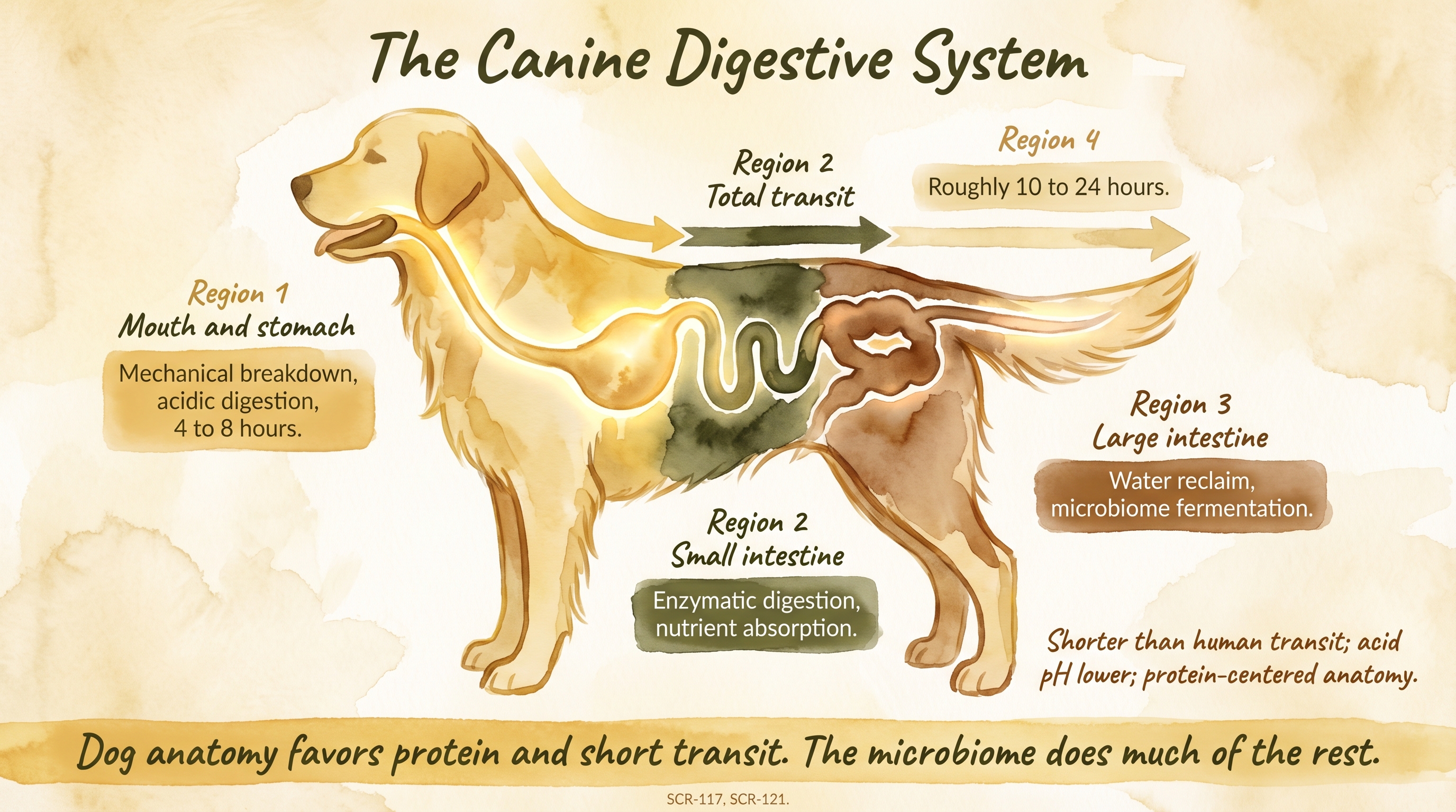Infographic: The canine digestive system showing four anatomical regions with transit-time annotations - Just Behaving Wiki