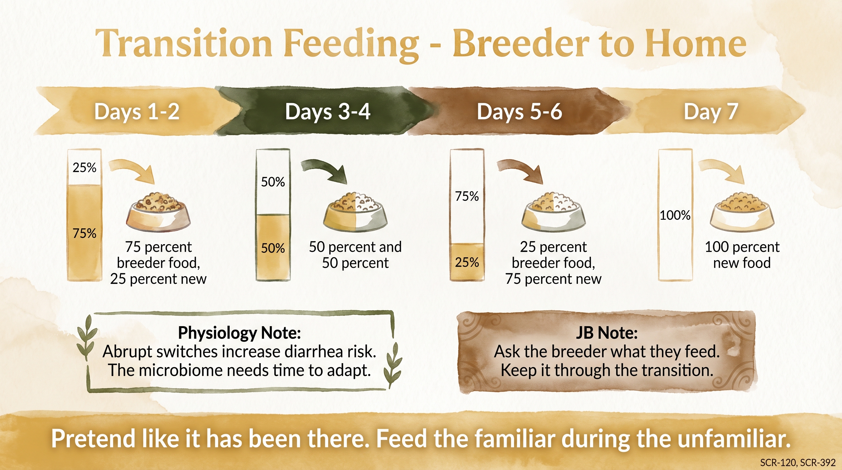 Infographic: Transition feeding from breeder to home showing seven-day ratio progression with microbiome note - Just Behaving Wiki