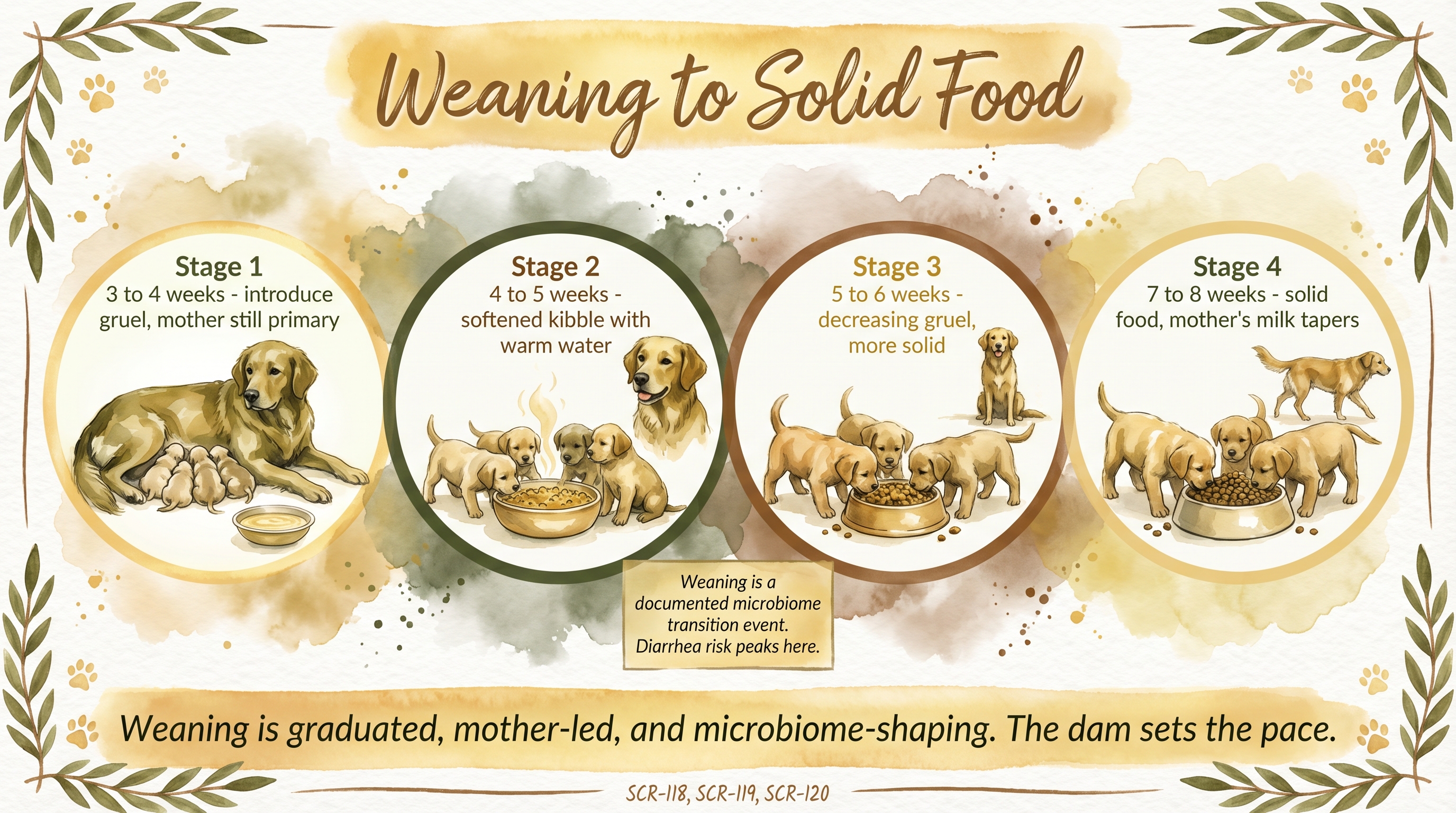 Infographic: Weaning to solid food showing four developmental stages with dam-led microbiome transition - Just Behaving Wiki
