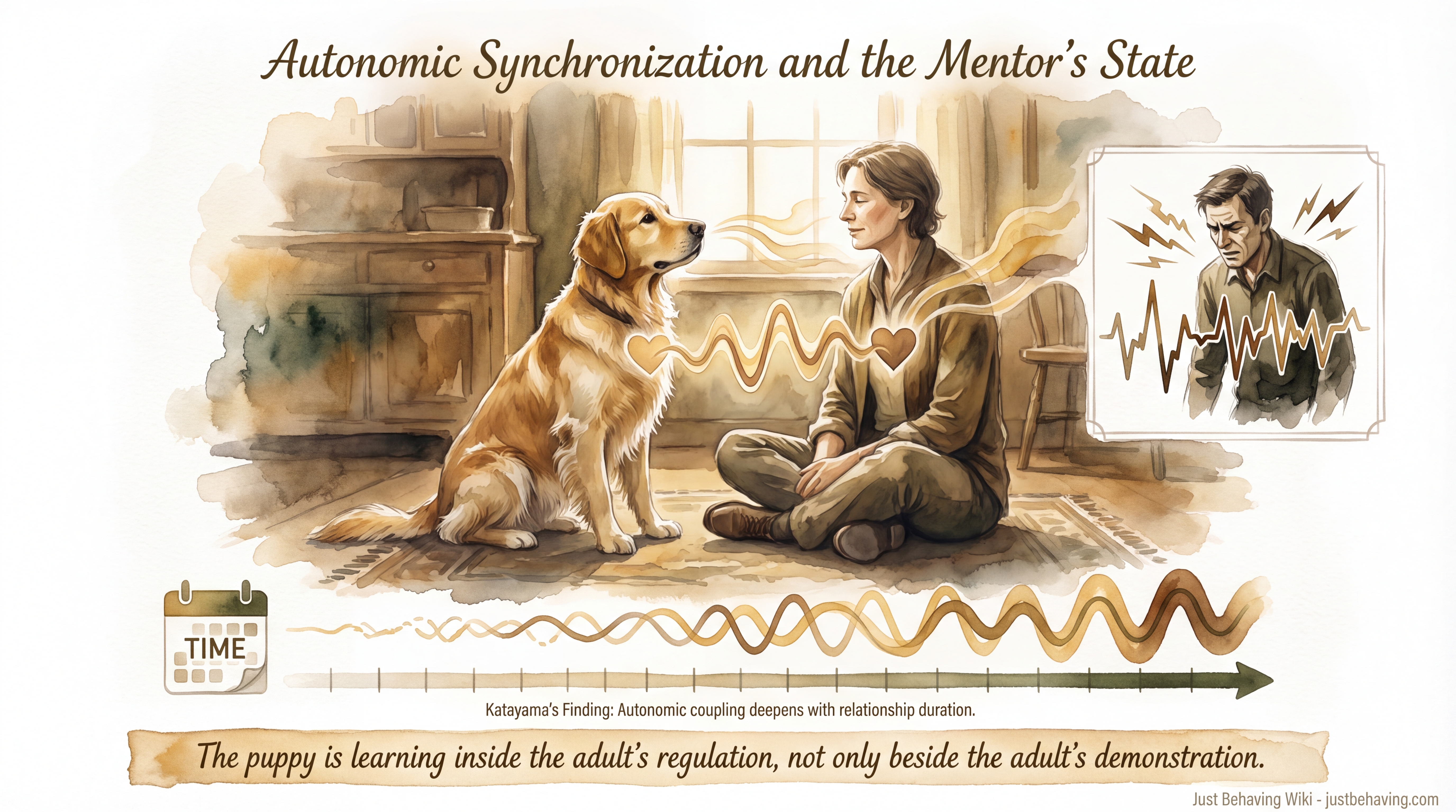 Infographic: Autonomic Synchronization and the Mentor's State - How the calm or anxious internal state of the mentor shapes the puppy's physiological regulation during learning - Just Behaving Wiki