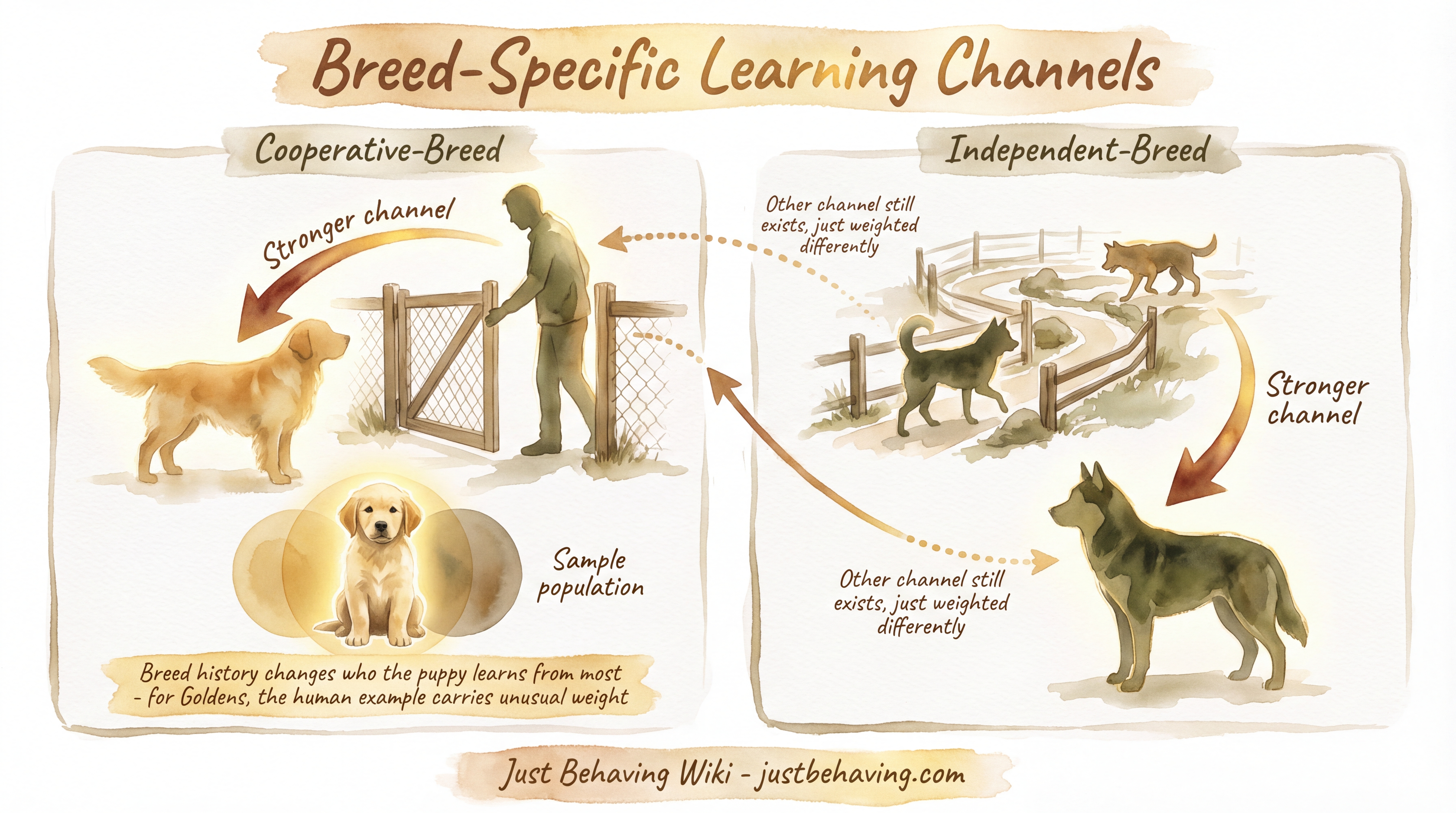 Infographic: Breed-Specific Learning Channels - How breed heritage shapes which social learning pathways are strongest in different dog populations - Just Behaving Wiki
