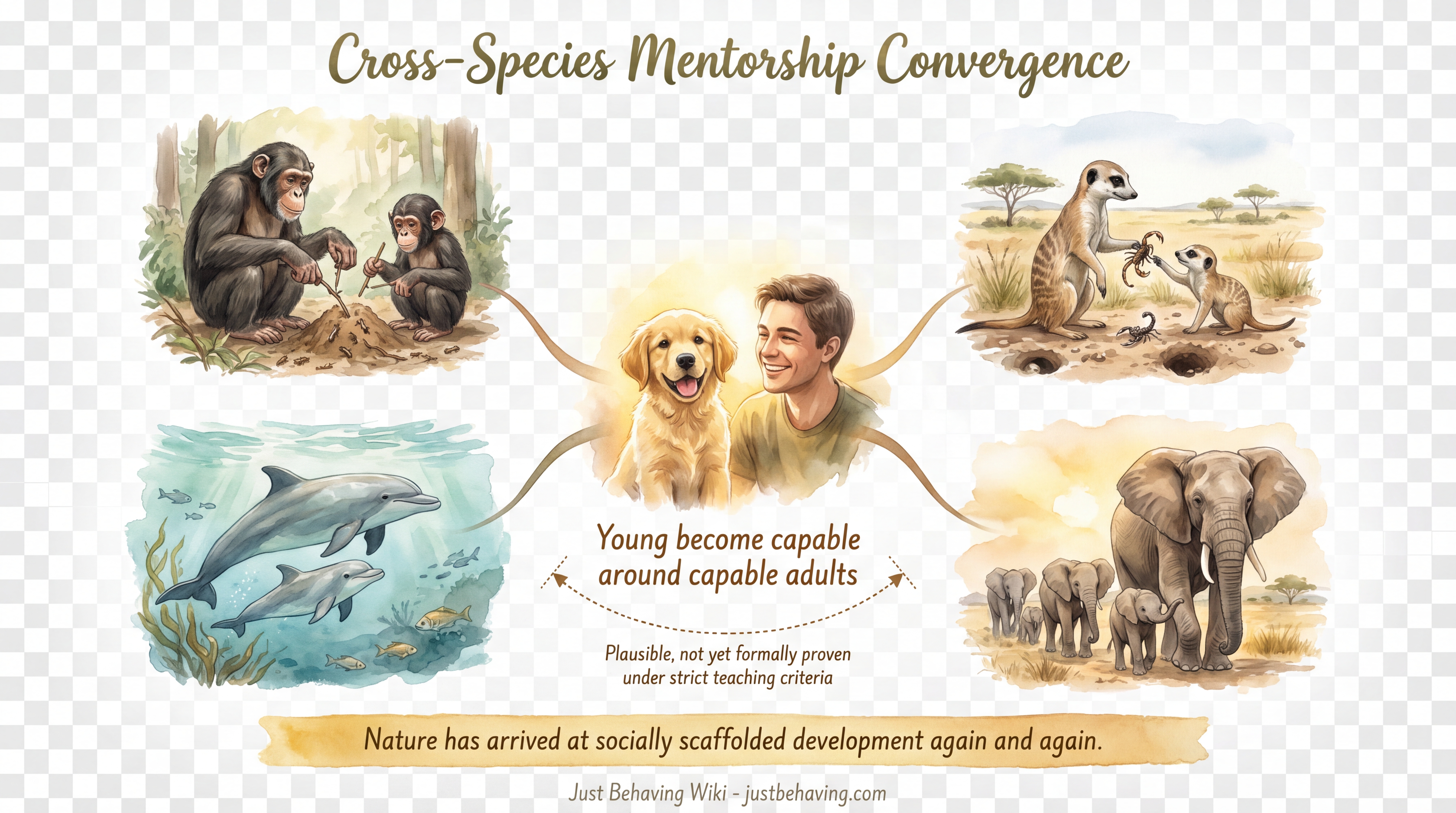 Infographic: Cross-Species Mentorship Convergence - How mentorship patterns in wolves, primates, elephants, and cetaceans parallel the Just Behaving approach to raising dogs - Just Behaving Wiki