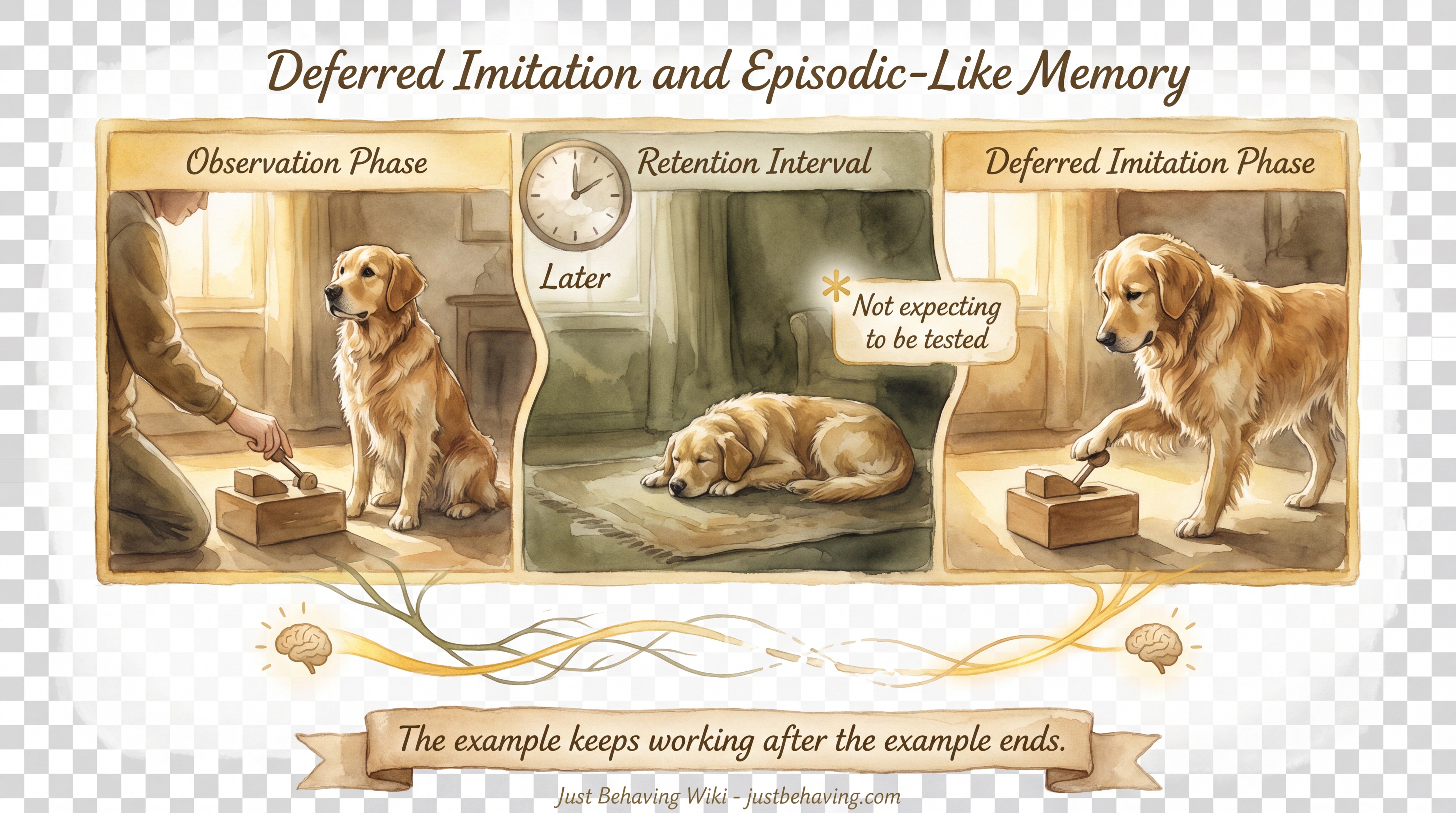 Infographic: Deferred Imitation and Episodic-Like Memory - Evidence that dogs can reproduce observed actions after a delay, implying episodic-like recall - Just Behaving Wiki