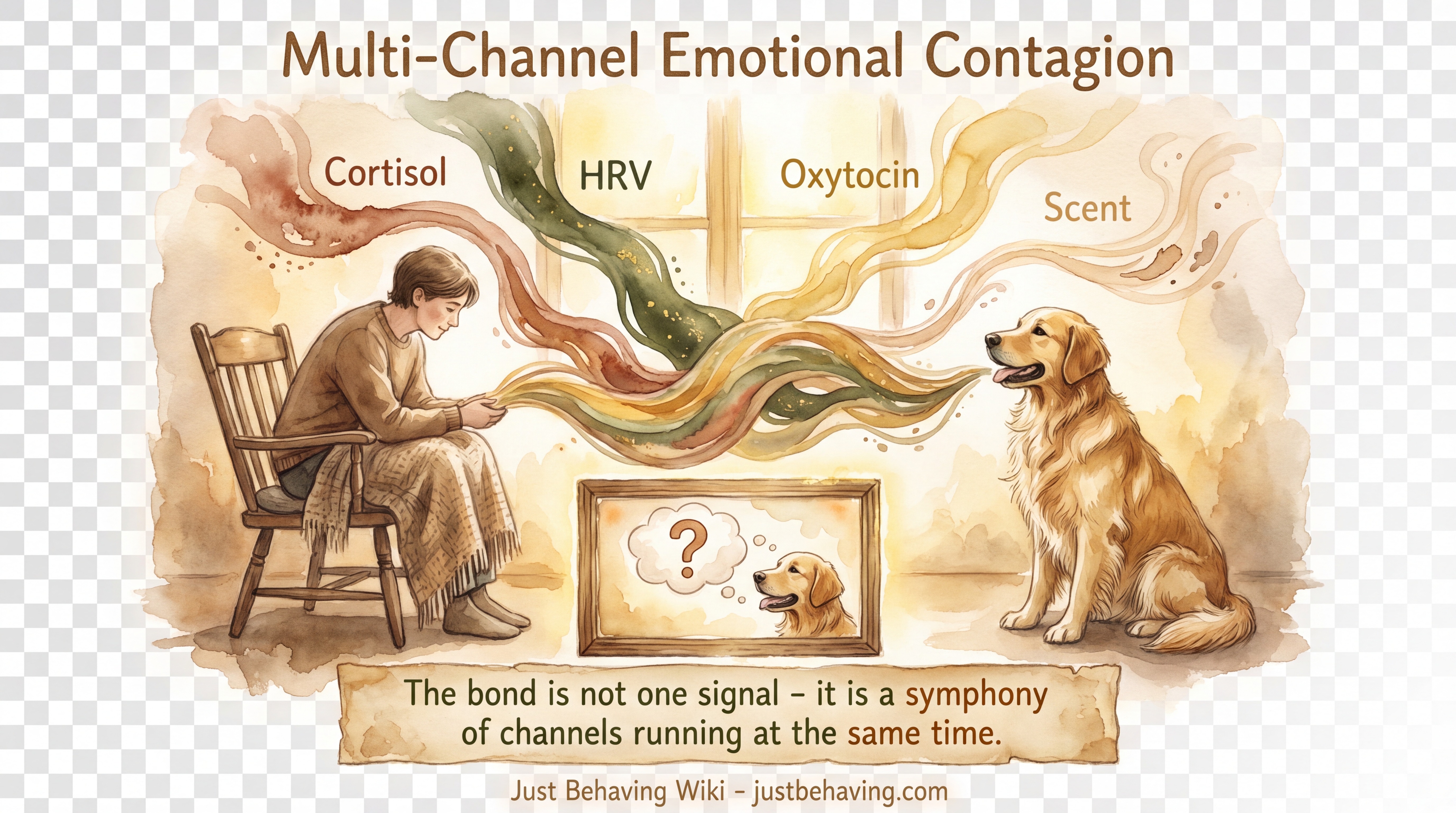 Infographic: Multi-Channel Emotional Contagion - How stress transfers between dog and owner across hormonal, cardiac, olfactory, and behavioral channels simultaneously - Just Behaving Wiki