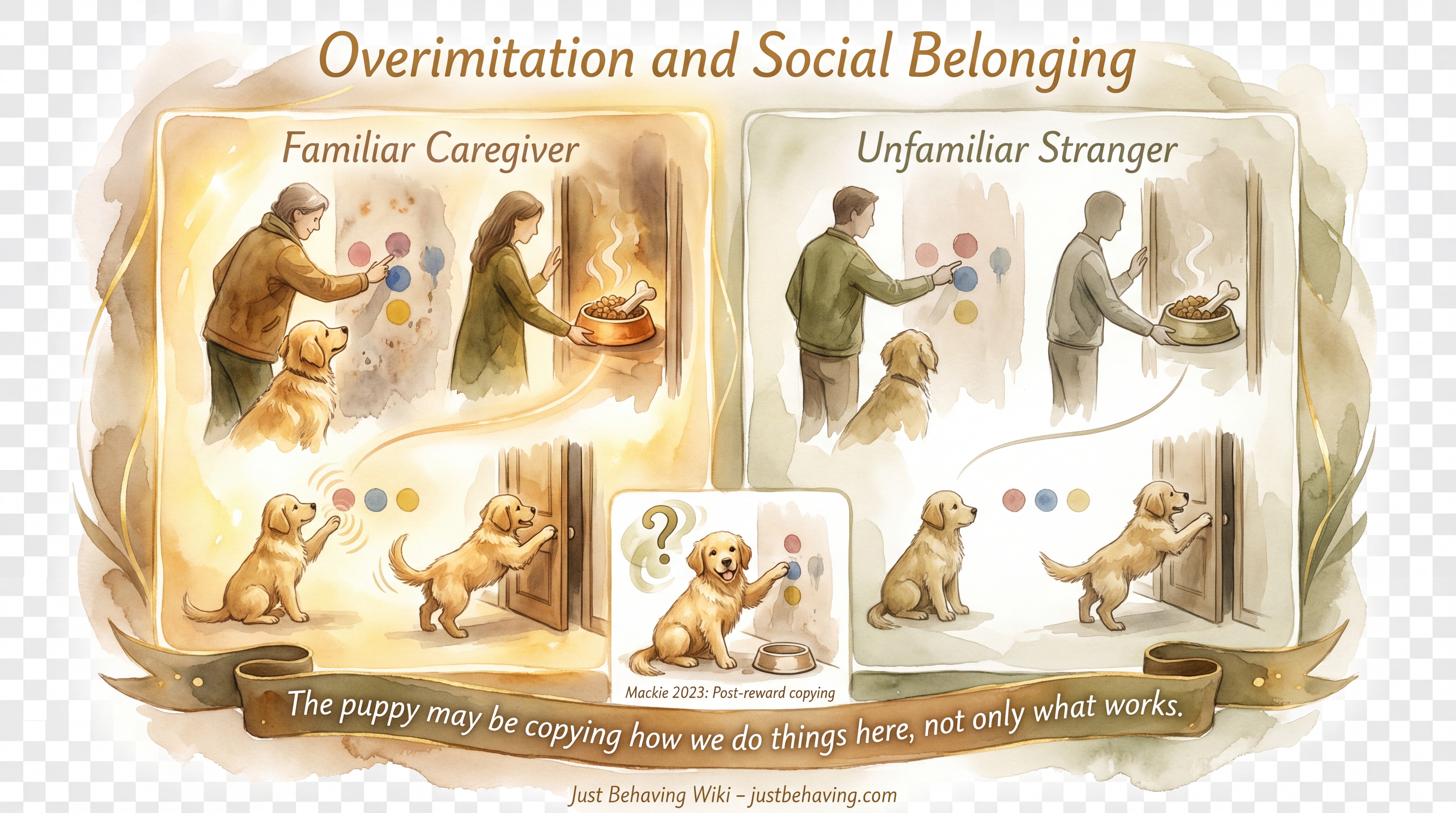 Infographic: Overimitation and Social Belonging - Whether dogs copy unnecessary actions from humans as a signal of social affiliation rather than pure efficiency - Just Behaving Wiki