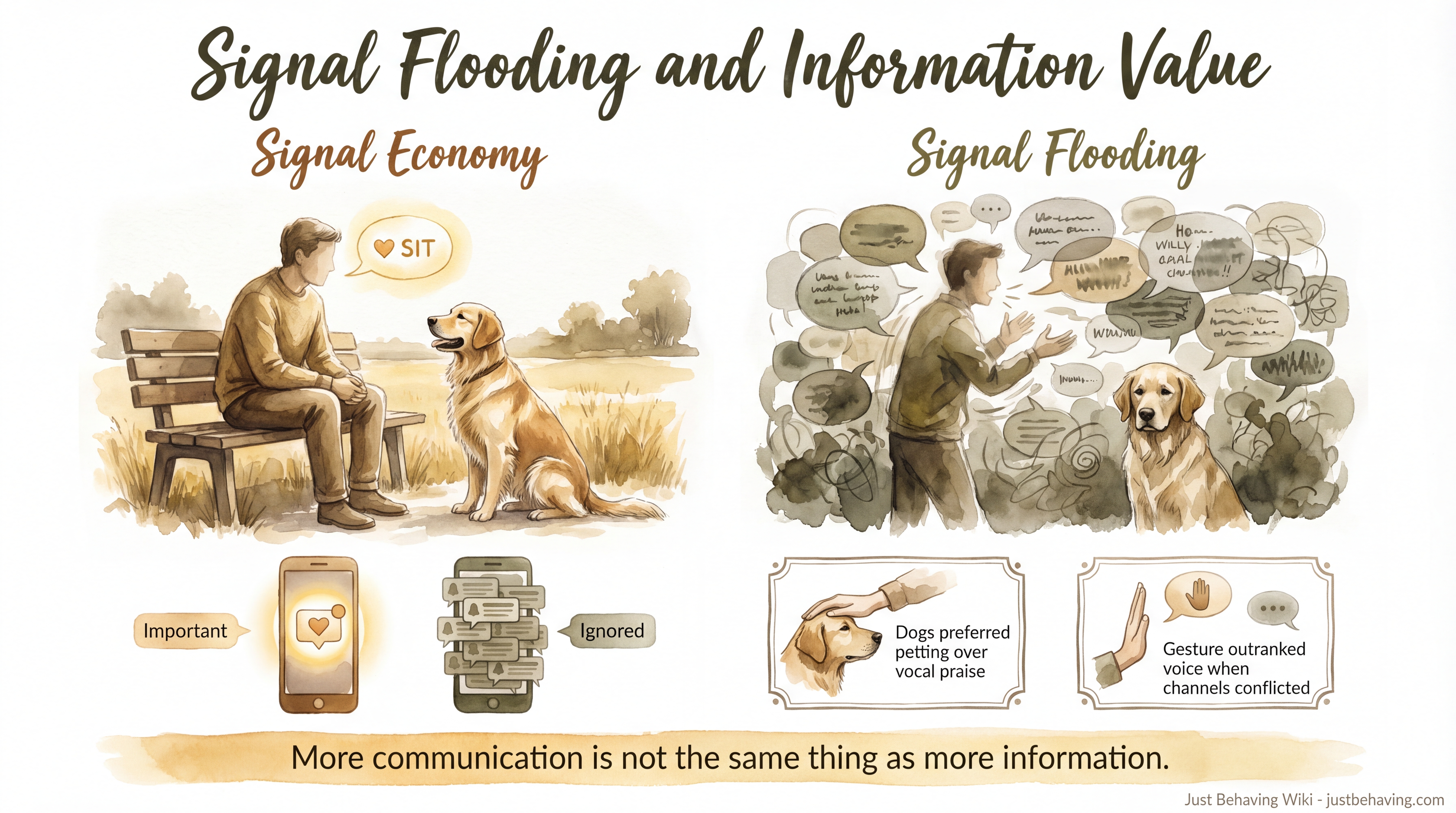 Infographic: Signal Flooding and Information Value - How constant praise and verbal overload reduce the information value of human signals for dogs - Just Behaving Wiki