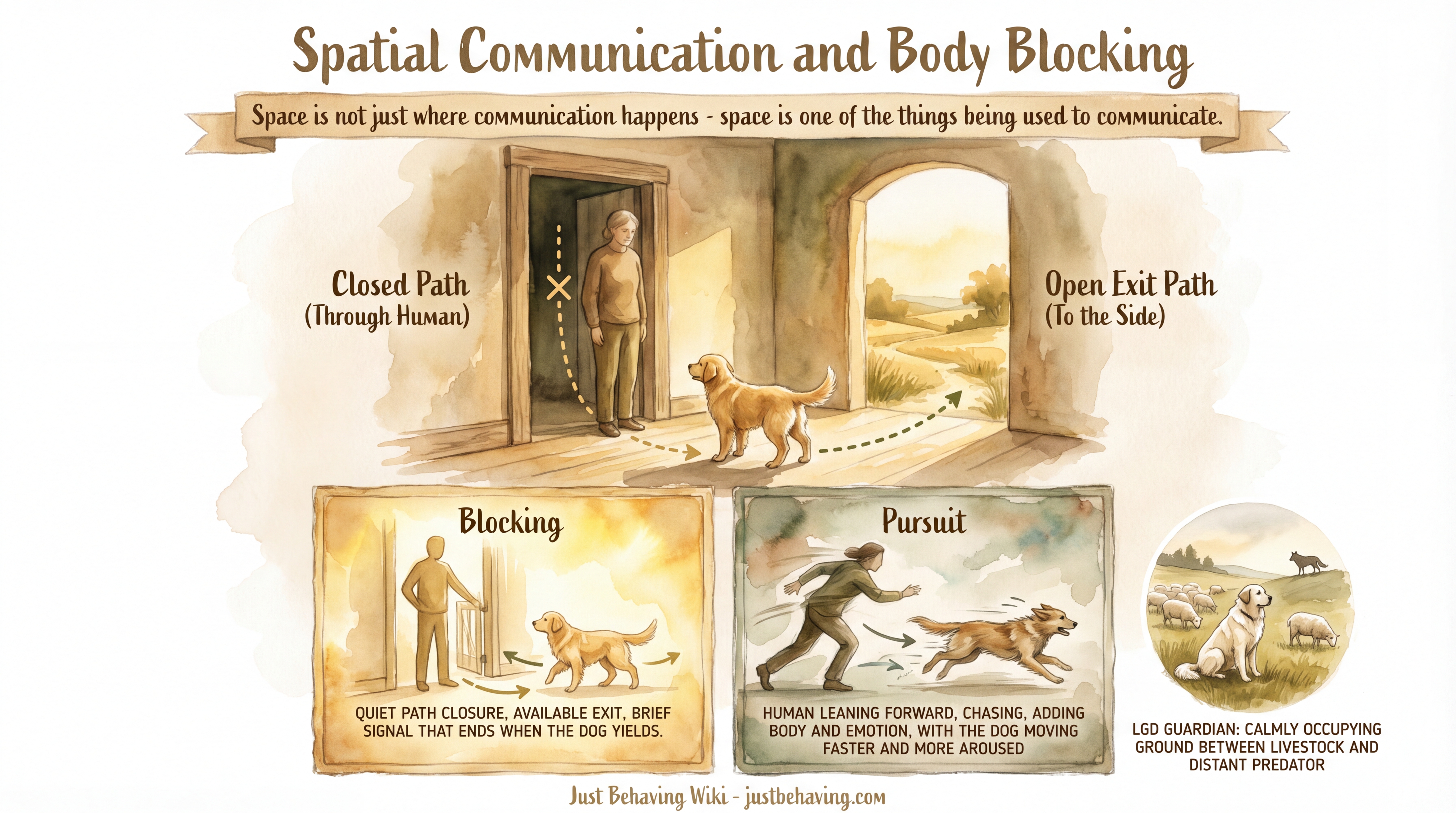 Infographic: Spatial Communication and Body Blocking - How dogs and humans use spatial pressure, proximity, and body position as communication tools - Just Behaving Wiki