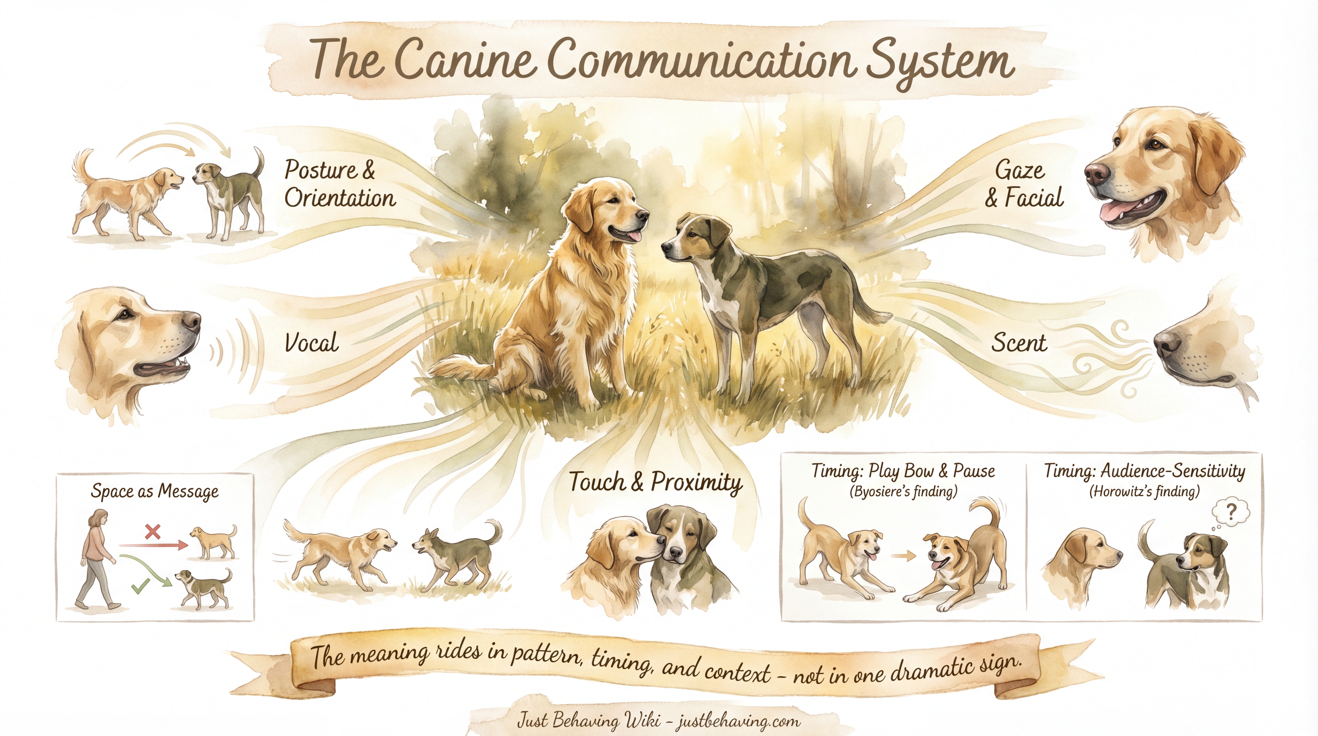 Infographic: The Canine Communication System - An overview of how dogs use visual, auditory, olfactory, and postural signals to communicate with humans and other dogs - Just Behaving Wiki
