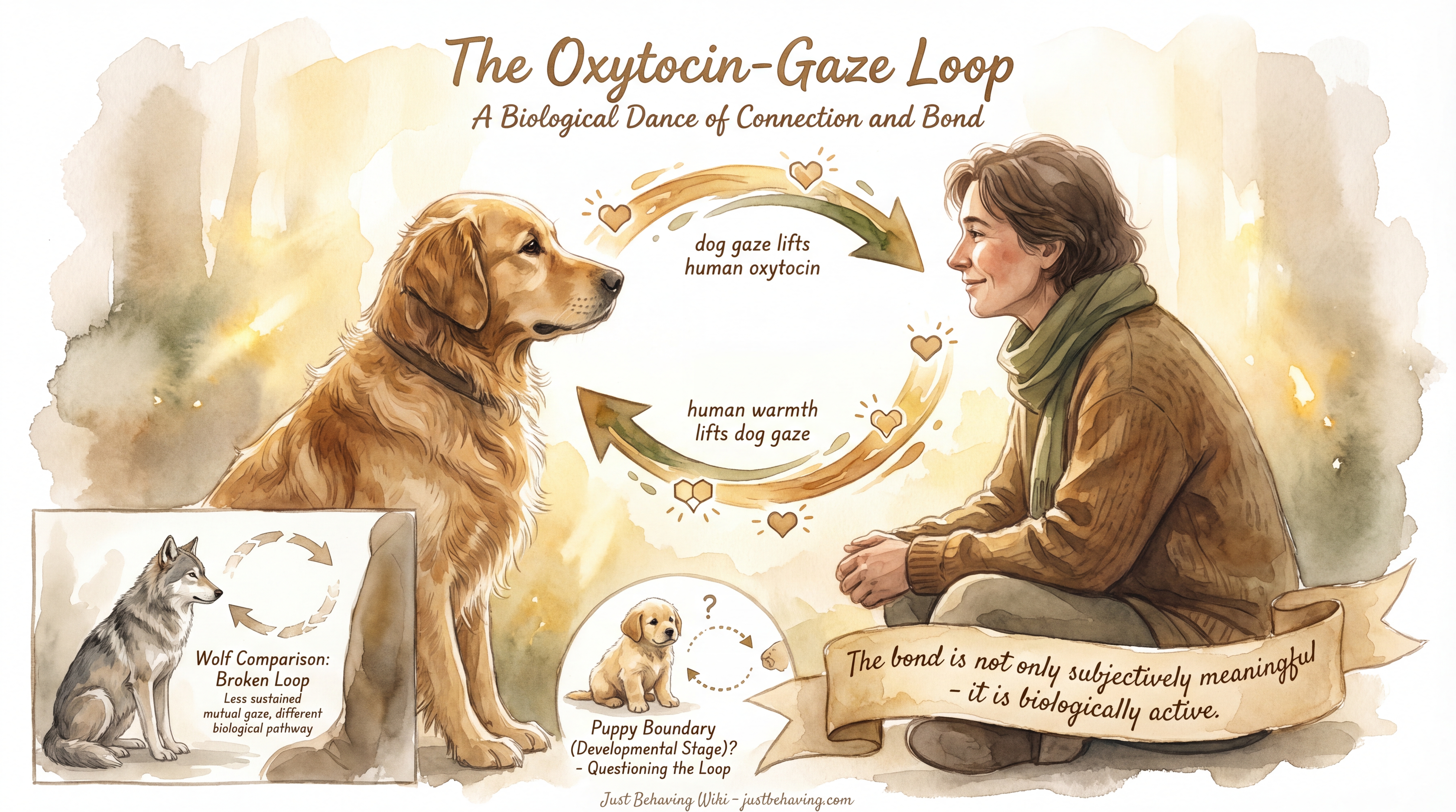 Infographic: The Oxytocin-Gaze Loop - The mutual gaze cycle between dogs and owners that elevates oxytocin in both species - Just Behaving Wiki
