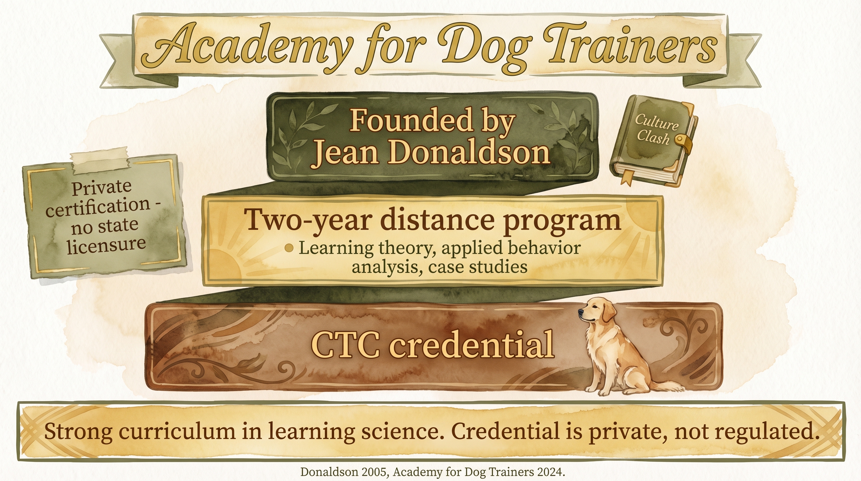 Infographic: Academy for Dog Trainers showing three-tier credential structure and CTC focus on applied learning science - Just Behaving Wiki