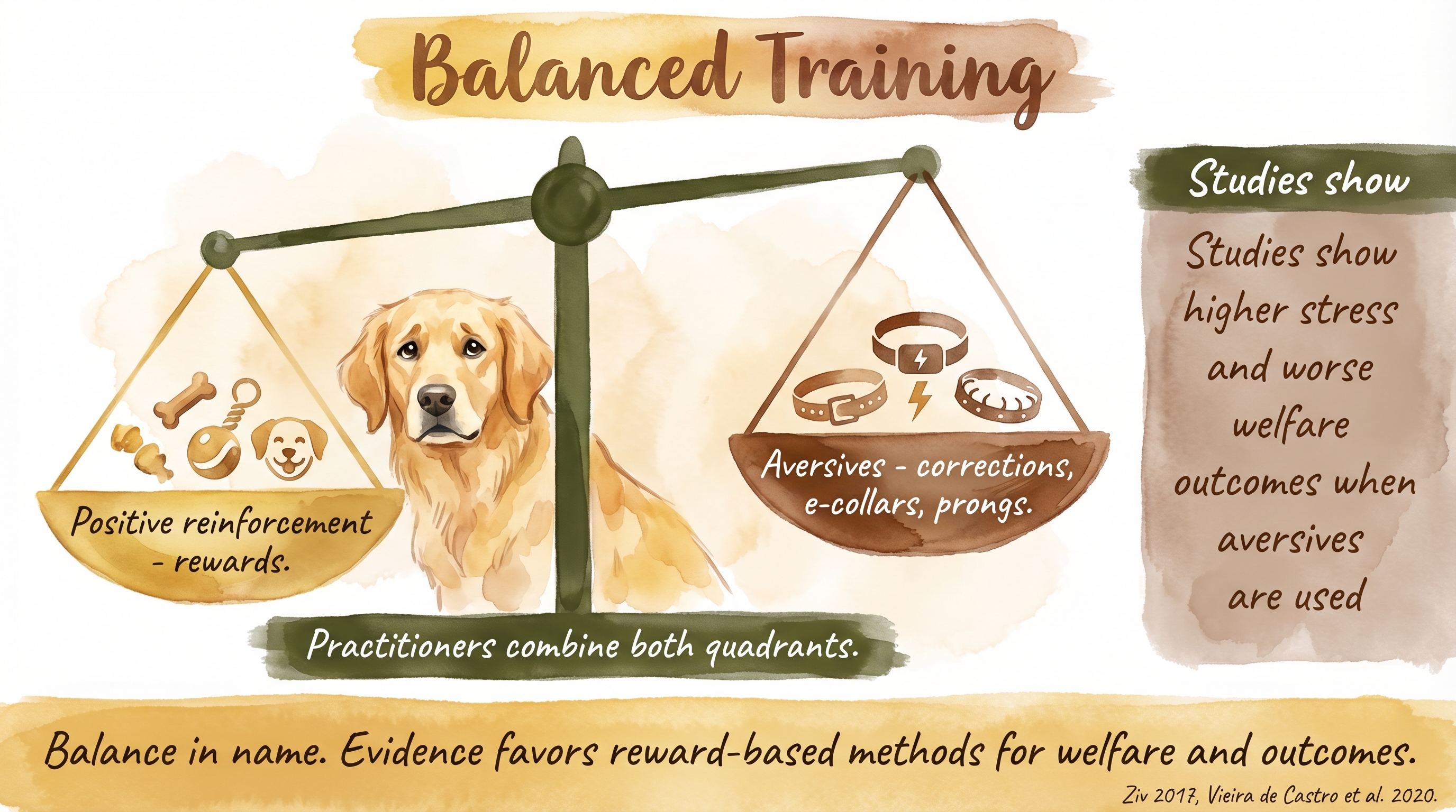 Infographic: Balanced training weighing reward-based methods against aversive corrections and welfare evidence - Just Behaving Wiki