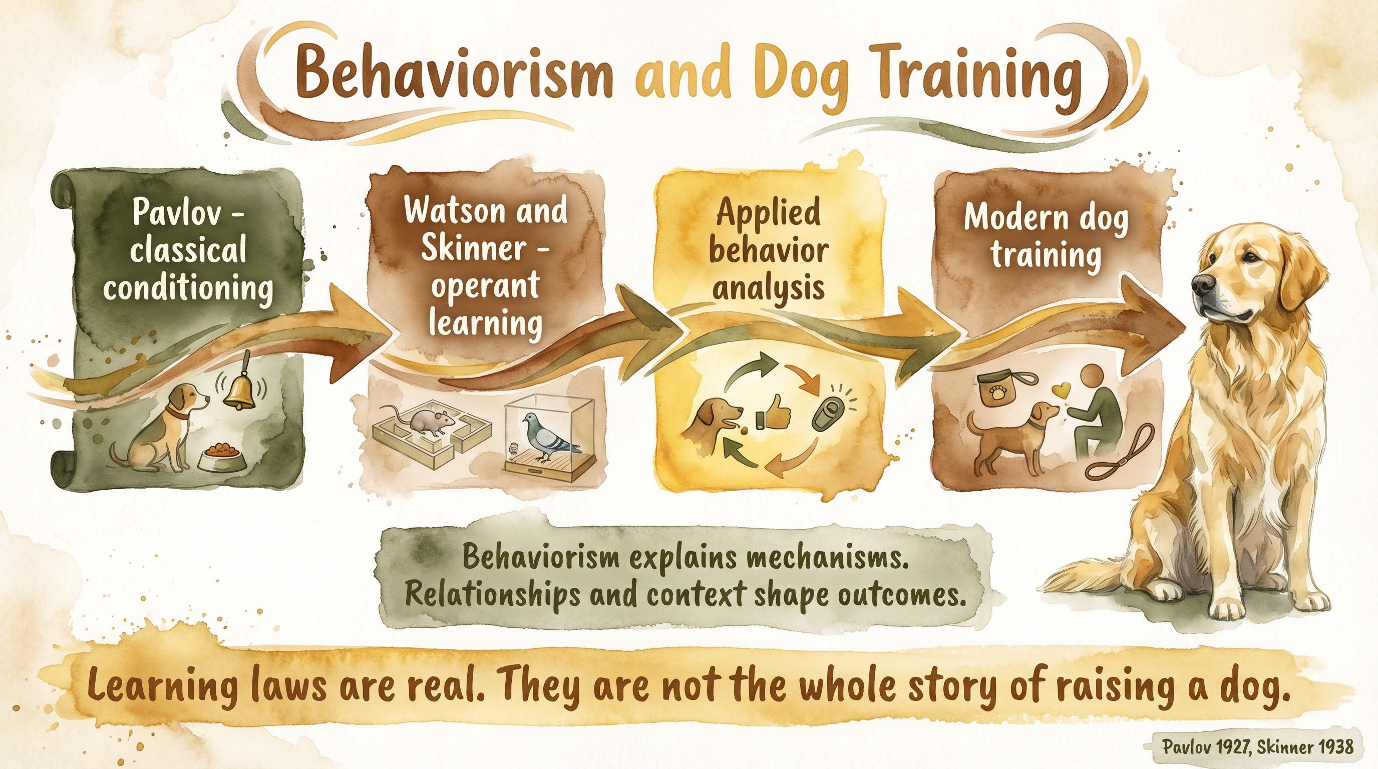Infographic: Behaviorism and dog training showing historical lineage from Pavlov through modern applied behavior analysis - Just Behaving Wiki