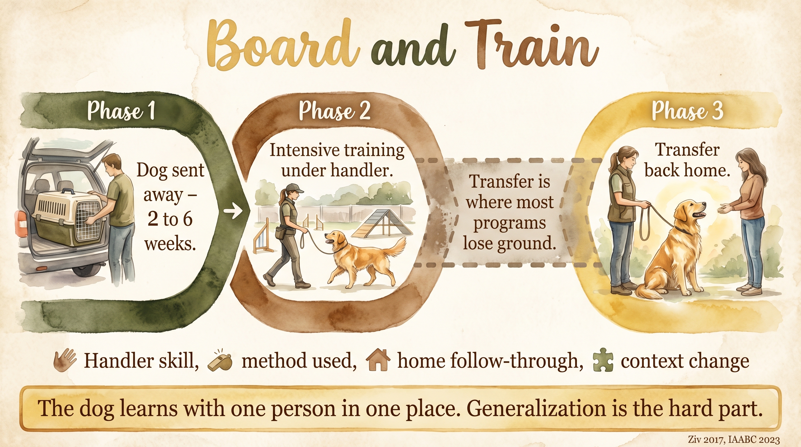 Infographic: Board and train industry showing three-phase timeline with transfer as the critical generalization risk - Just Behaving Wiki