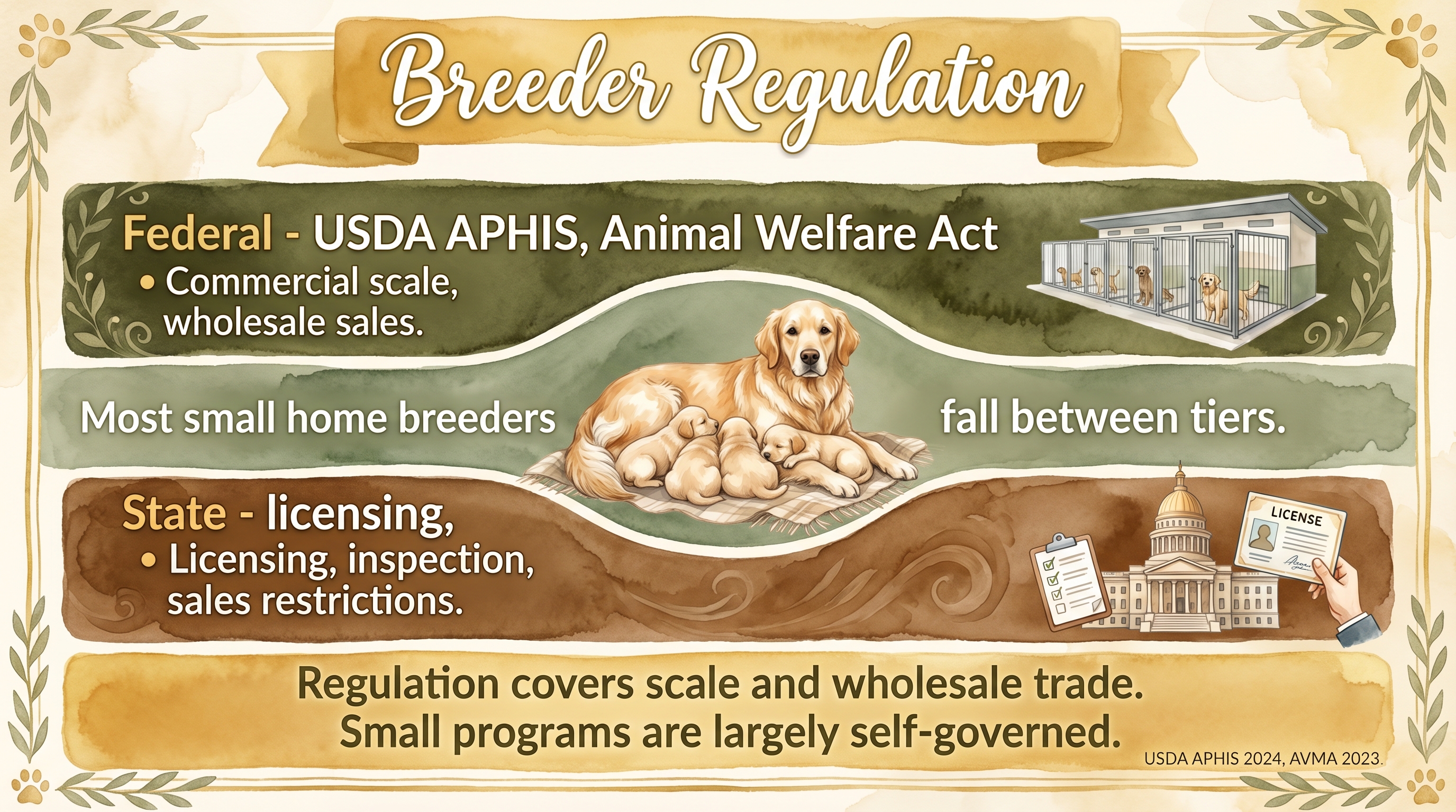 Infographic: Breeder regulation showing federal USDA tier and state tier with gap for small home programs - Just Behaving Wiki