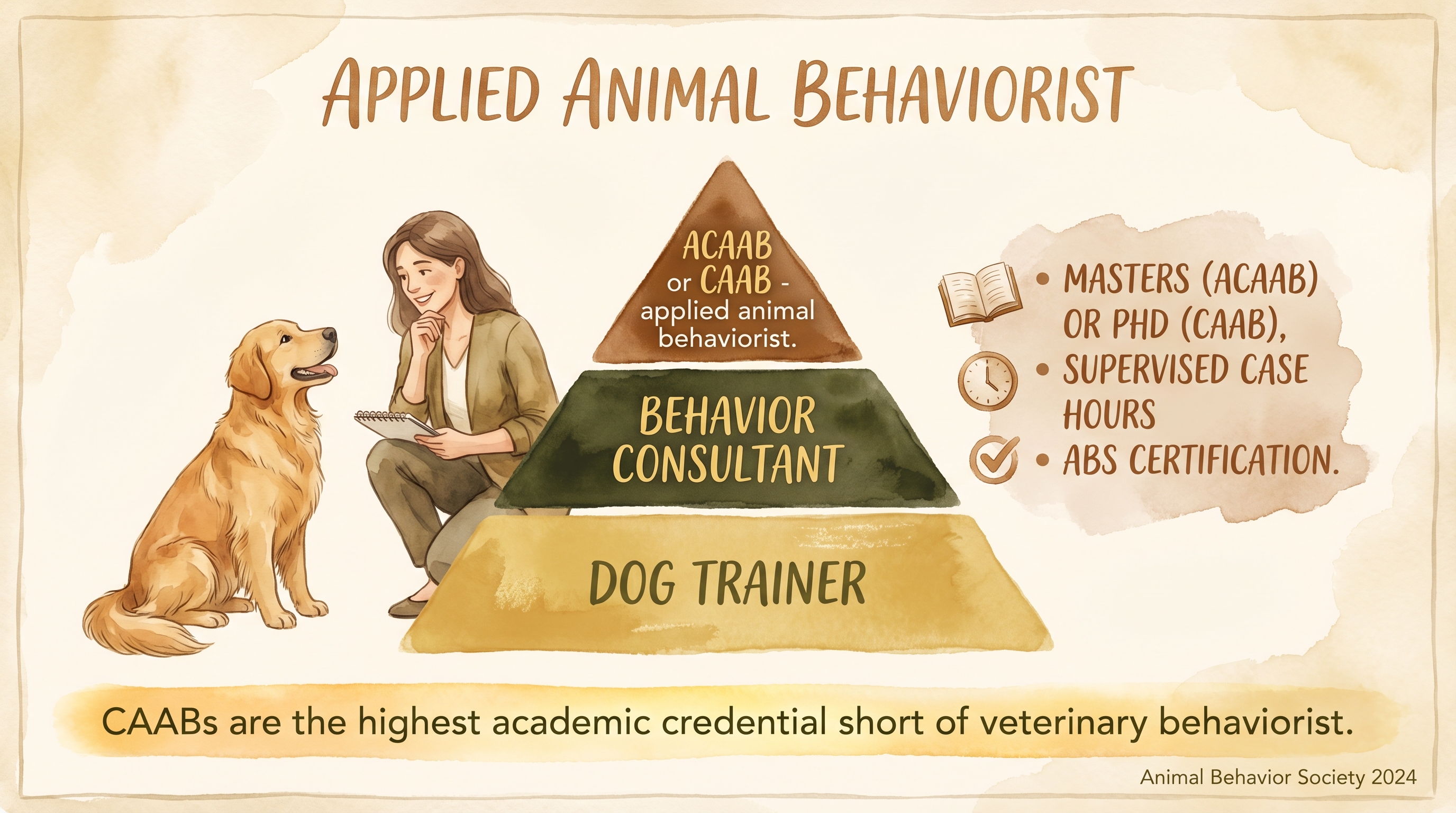 Infographic: Certified Applied Animal Behaviorist pyramid showing ACAAB and CAAB academic credential path - Just Behaving Wiki