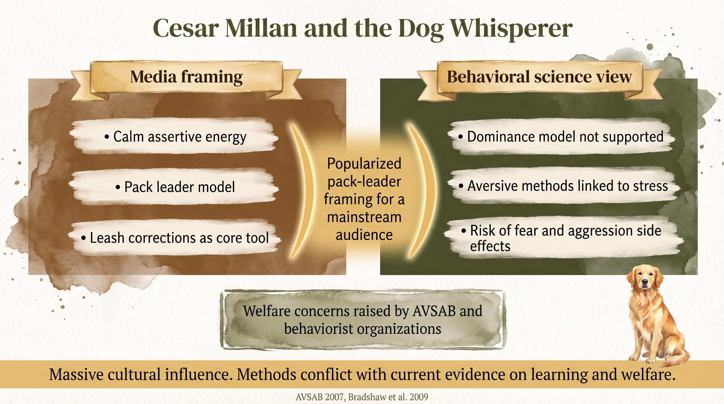 Infographic: Cesar Millan and the Dog Whisperer comparing media framing to behavioral science consensus - Just Behaving Wiki