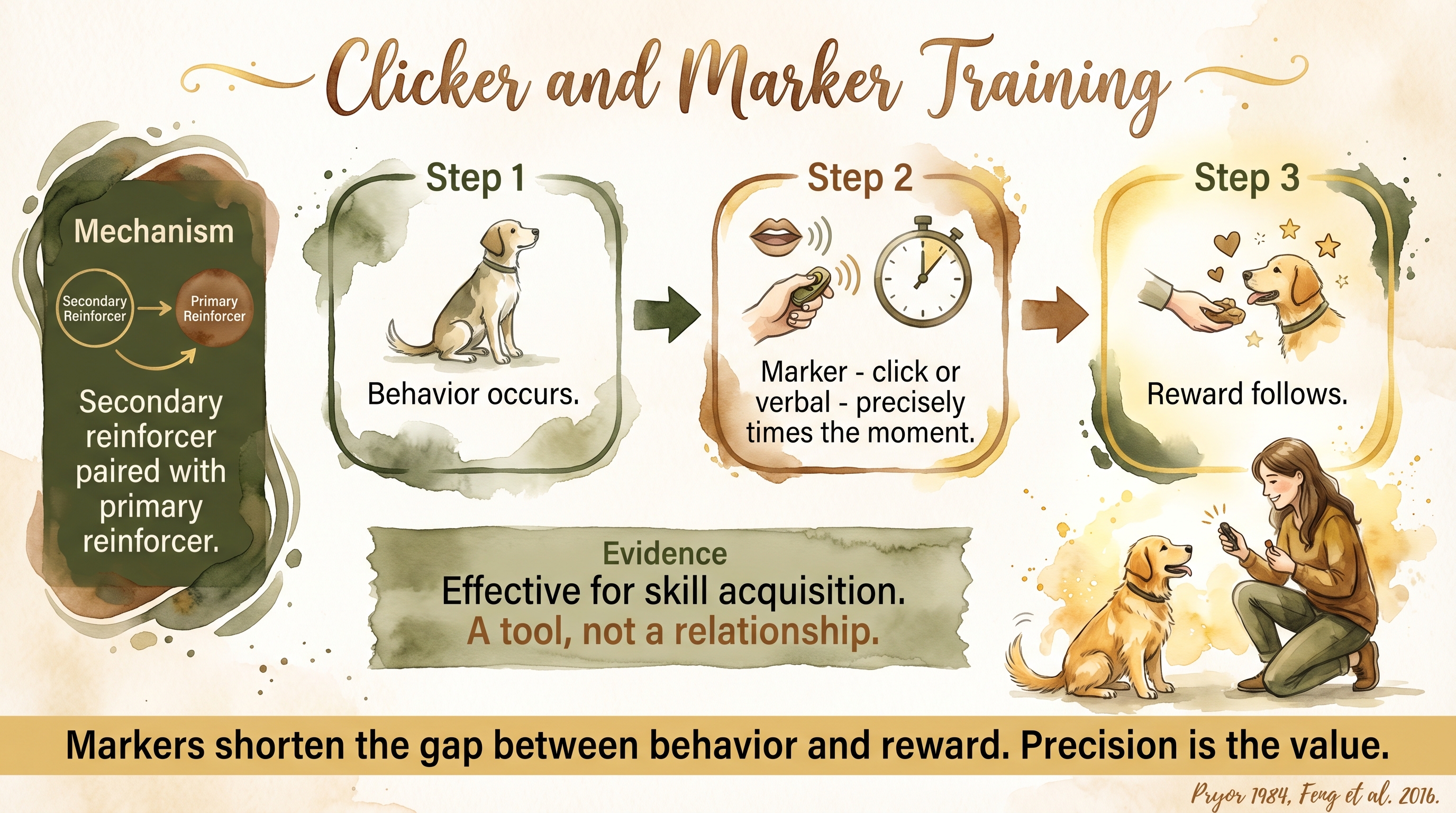 Infographic: Clicker and marker training showing three-step sequence of behavior marker and reward - Just Behaving Wiki