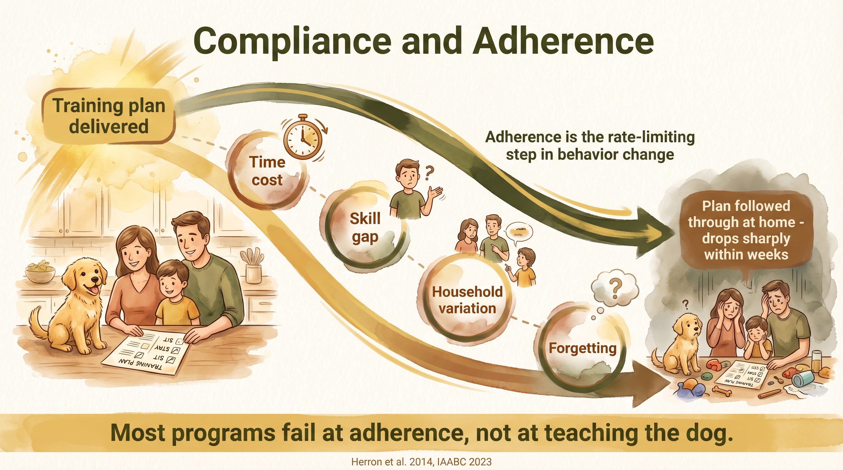 Infographic: Compliance and adherence in dog training showing drop-off curve with four friction points - Just Behaving Wiki