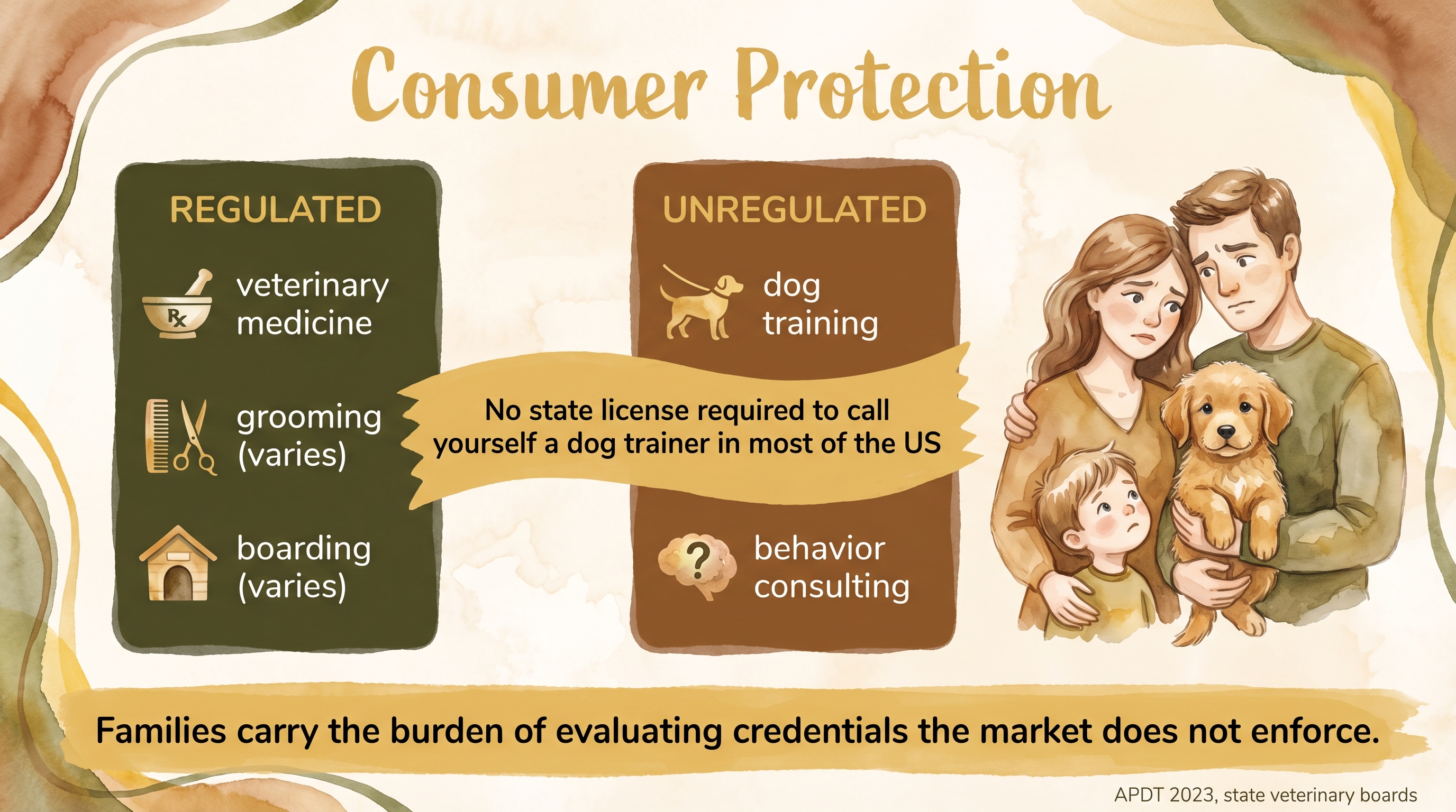 Infographic: Consumer protection in dog services showing regulated and unregulated service categories - Just Behaving Wiki