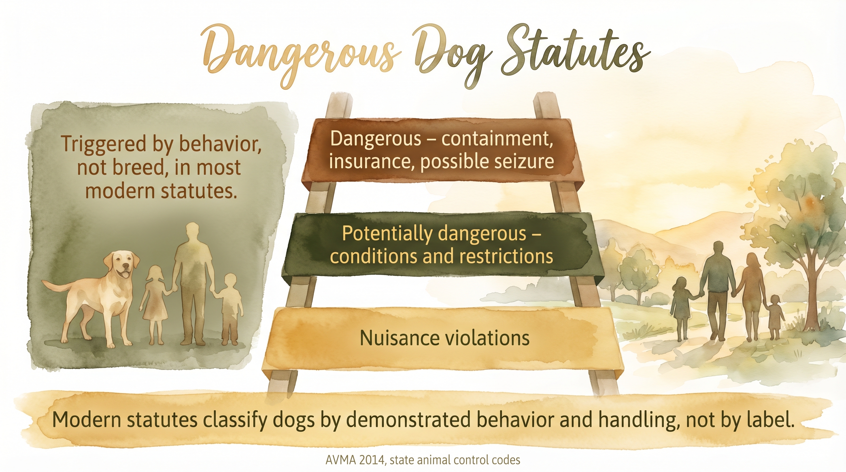 Infographic: Dangerous dog statutes showing severity ladder from nuisance through dangerous classification - Just Behaving Wiki
