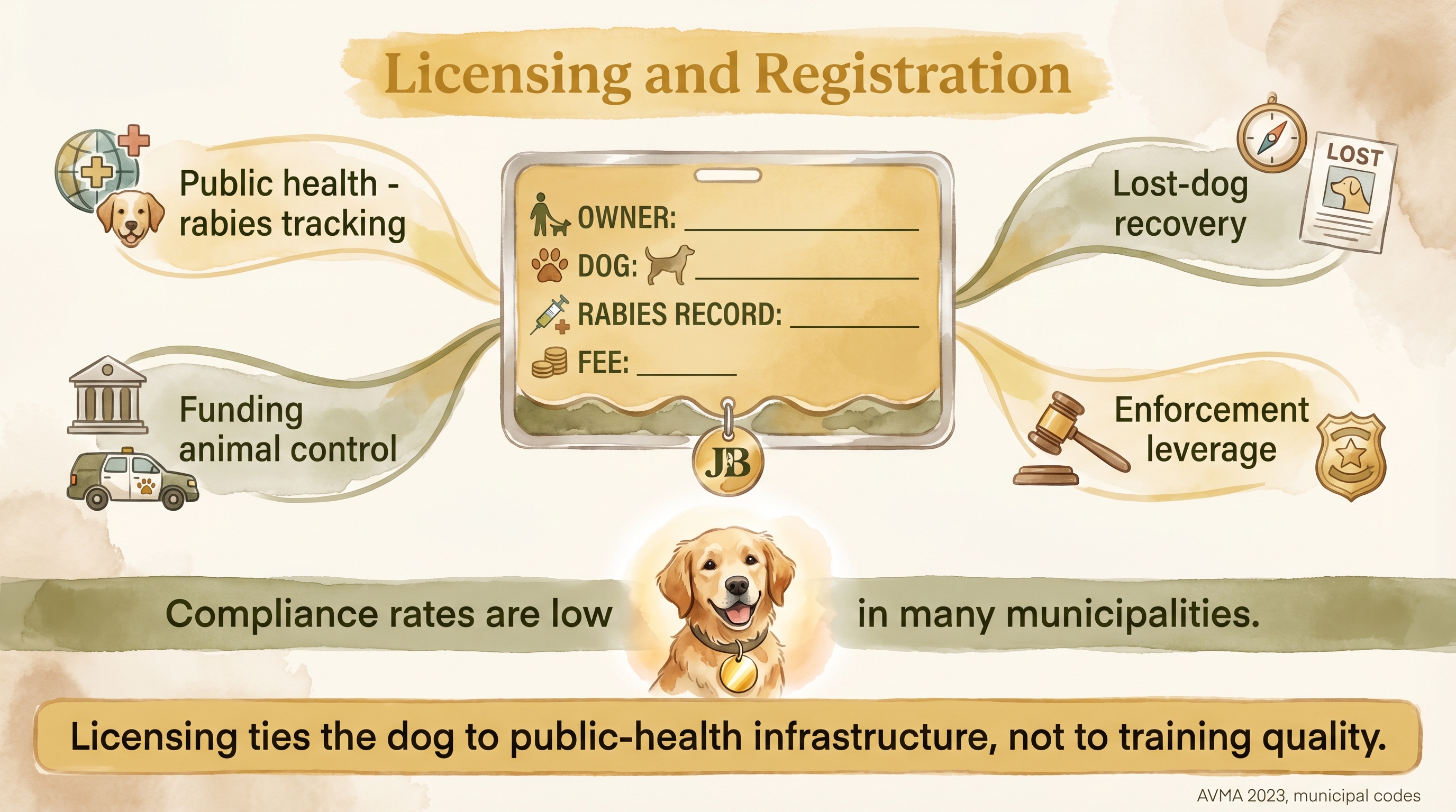 Infographic: Dog licensing and registration showing four public purposes from rabies tracking through enforcement - Just Behaving Wiki