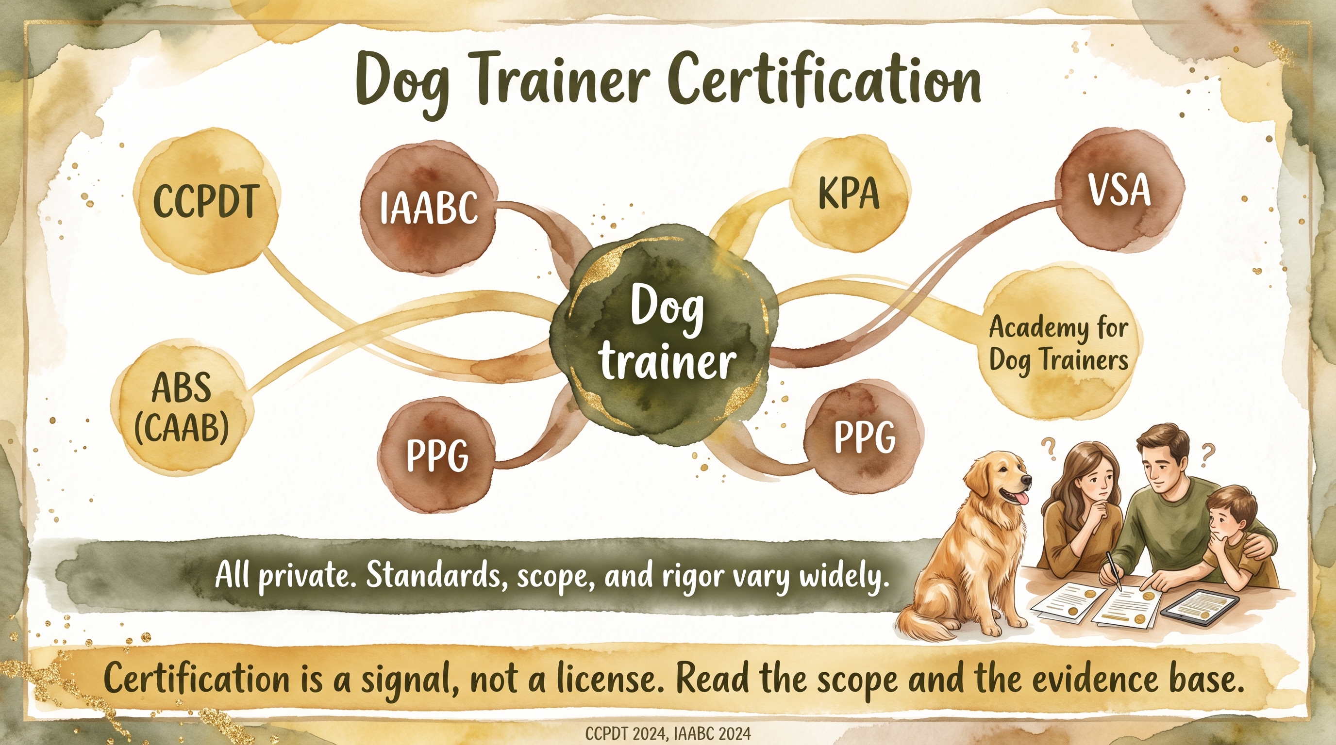 Infographic: Dog trainer certification overview showing private credential constellation including CCPDT IAABC KPA VSA and ABS - Just Behaving Wiki