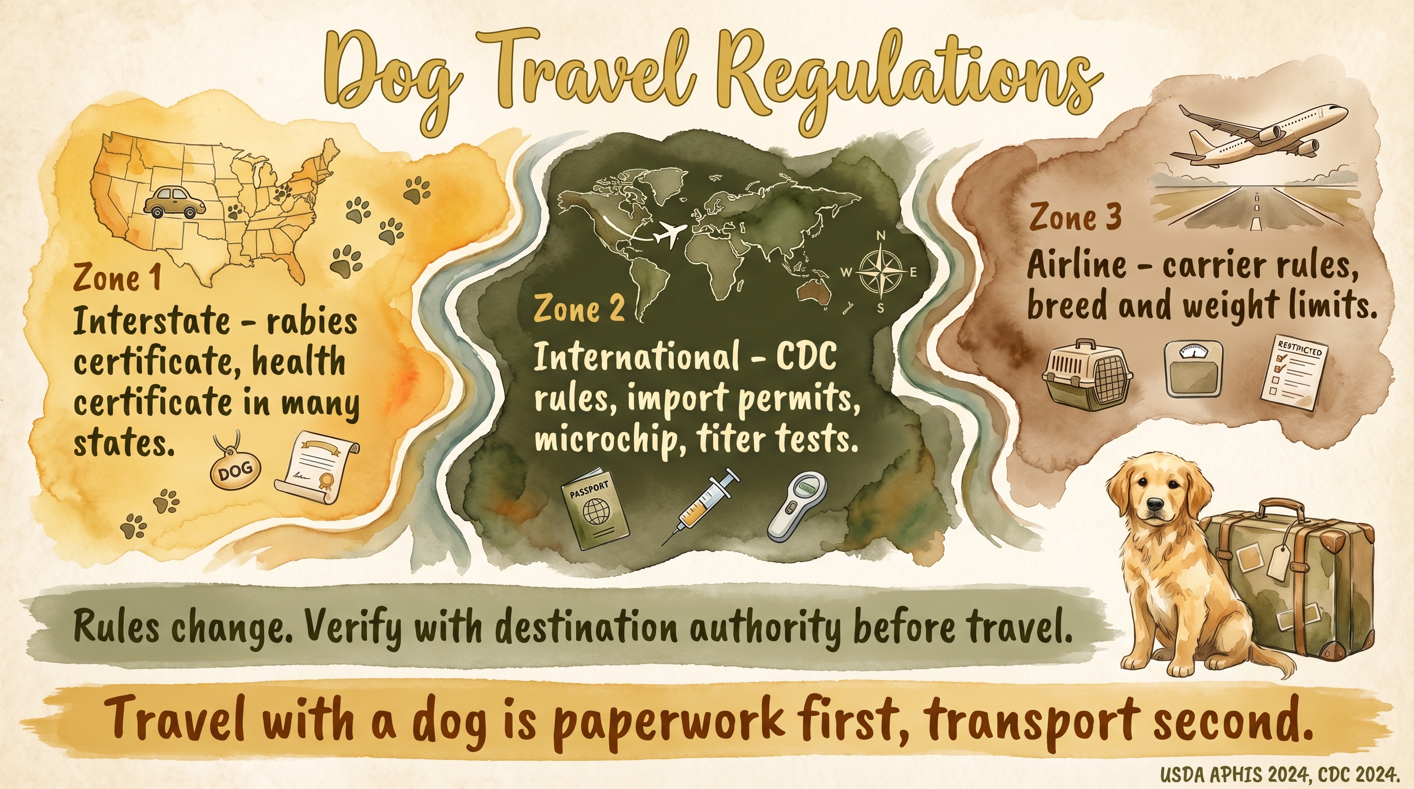 Infographic: Dog travel regulations showing interstate international and airline zones with documentation requirements - Just Behaving Wiki