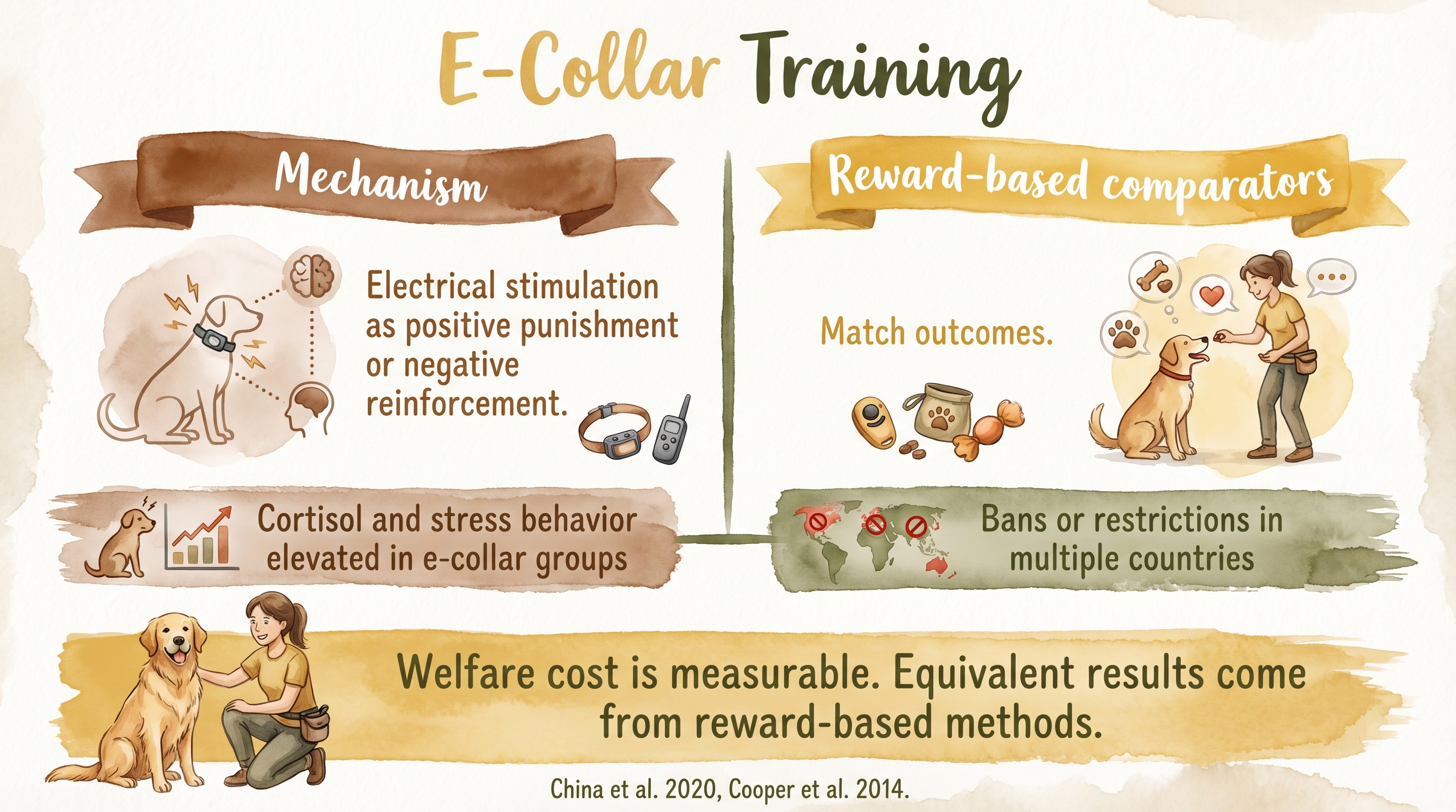 Infographic: E-collar training showing mechanism welfare evidence and international regulatory restrictions - Just Behaving Wiki