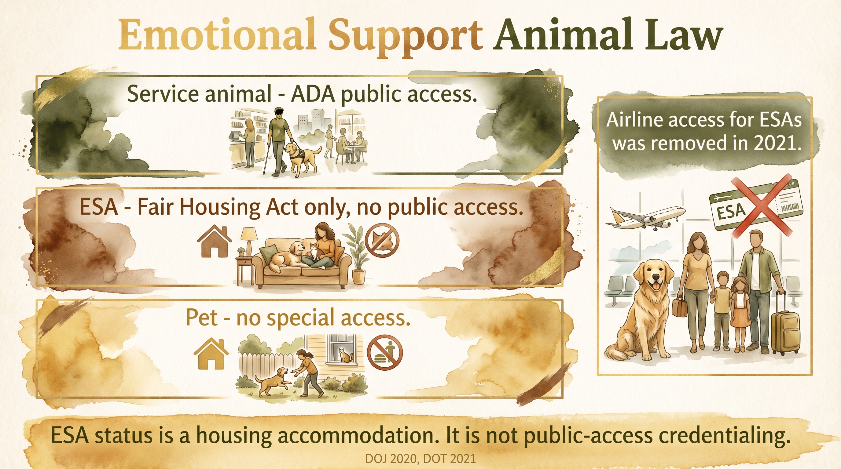 Infographic: Emotional support animal law comparing service animal ESA and pet legal access categories - Just Behaving Wiki