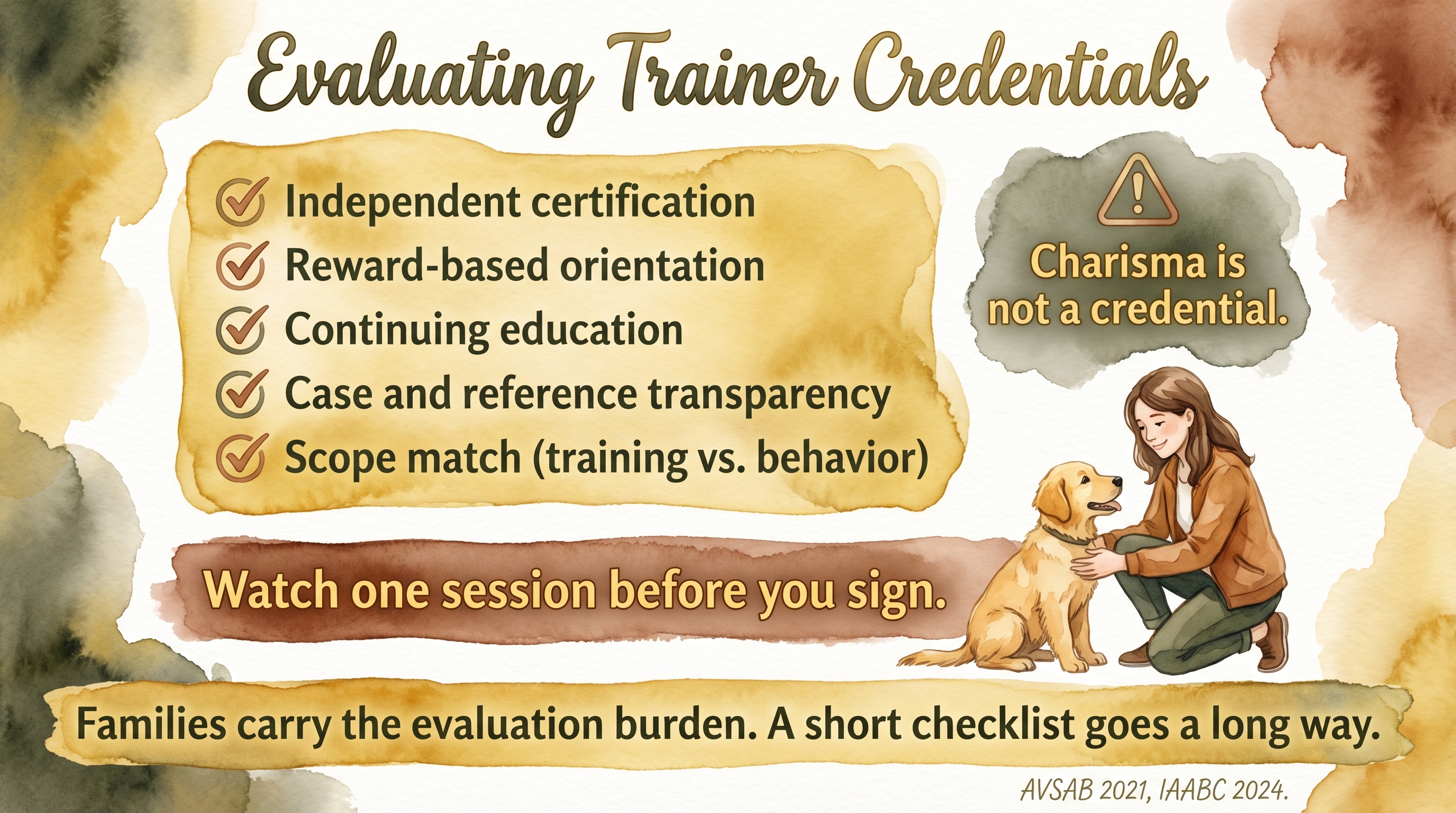 Infographic: Evaluating trainer credentials framework showing five-point checklist for families assessing trainer fit - Just Behaving Wiki