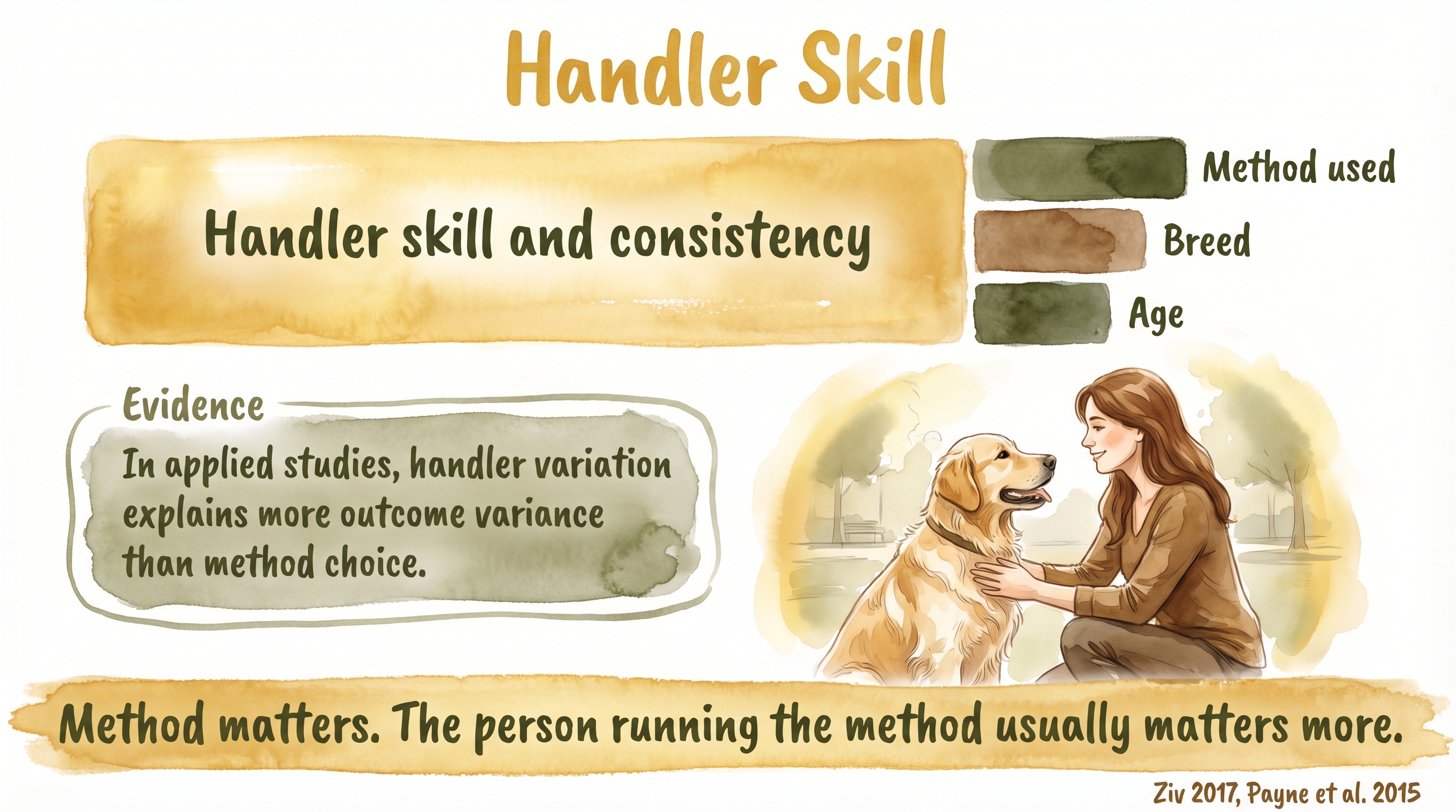 Infographic: Handler skill as outcome predictor showing weighted bars with handler variance exceeding method choice - Just Behaving Wiki